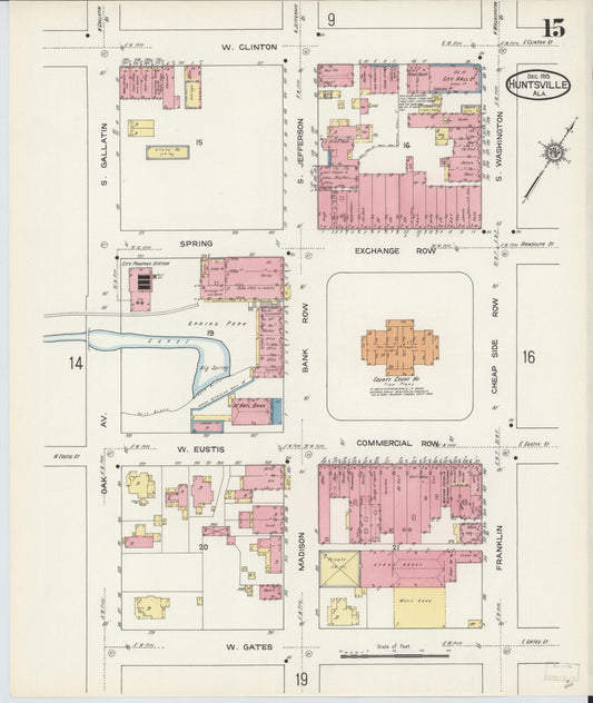 Sanborn Fire Insurance Map from Huntsville, Madison County, Alabama (1913), Sheet #0015 - Historic Sanborn Fire Insurance Map Print, vintage old map wall art, antique decor, genealogy gift, Alabama Alabama map