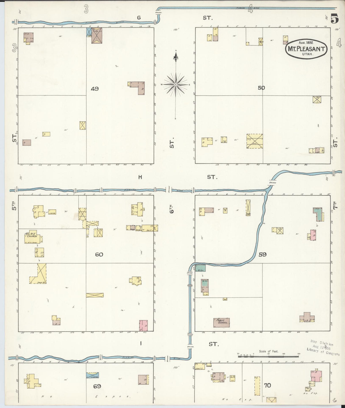 Sanborn Fire Insurance Map from Mount Pleasant, Sanpete County, Utah (1892), Sheet #0005 - Historic Sanborn Fire Insurance Map Print, vintage old map wall art, antique decor, genealogy gift, Utah Utah map