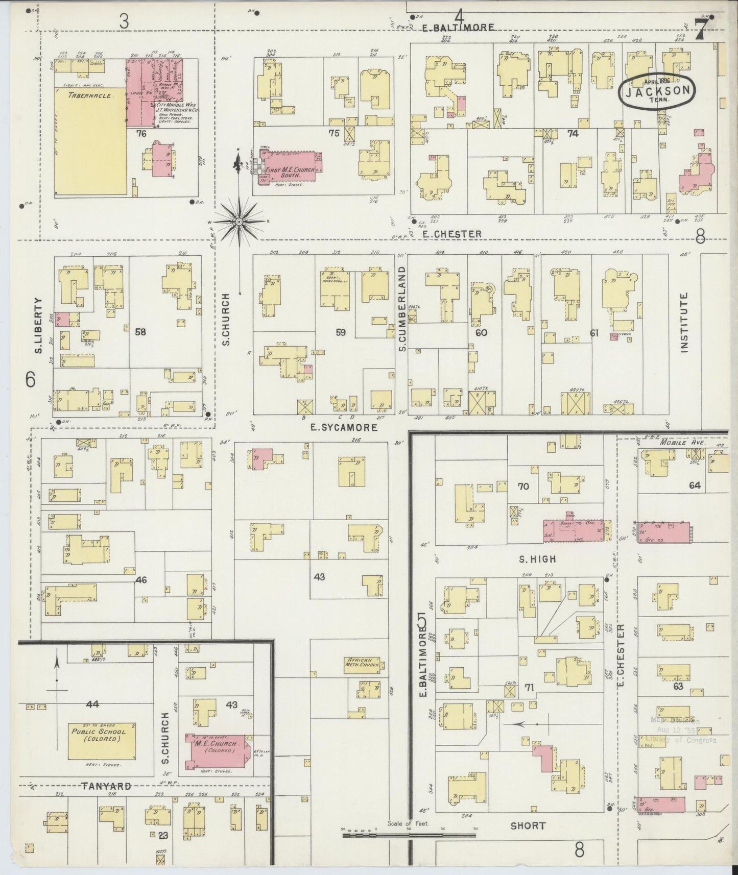 Sanborn Fire Insurance Map from Jackson, Madison County, Tennessee (1896), Sheet #0007 - Complete Map Set gallery image, historic Sanborn map, vintage wall art, Tennessee Tennessee