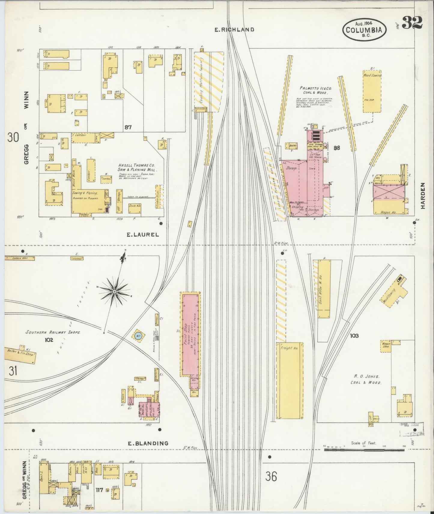 Sanborn Fire Insurance Map from Columbia, Richland County, South Carolina (1904), Sheet #0032 - Historic Sanborn Fire Insurance Map Print, vintage old map wall art, antique decor, genealogy gift, South Carolina South Carolina map