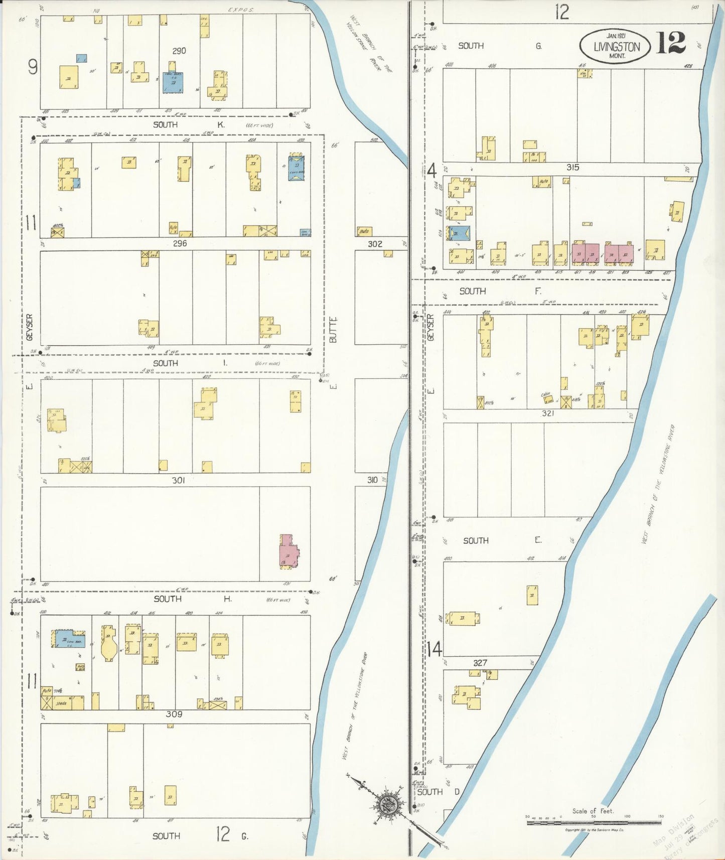 Sanborn Fire Insurance Map from Livingston, Park County, Montana (1921), Sheet #0012 - Complete Map Set gallery image, historic Sanborn map, vintage wall art, Montana Montana