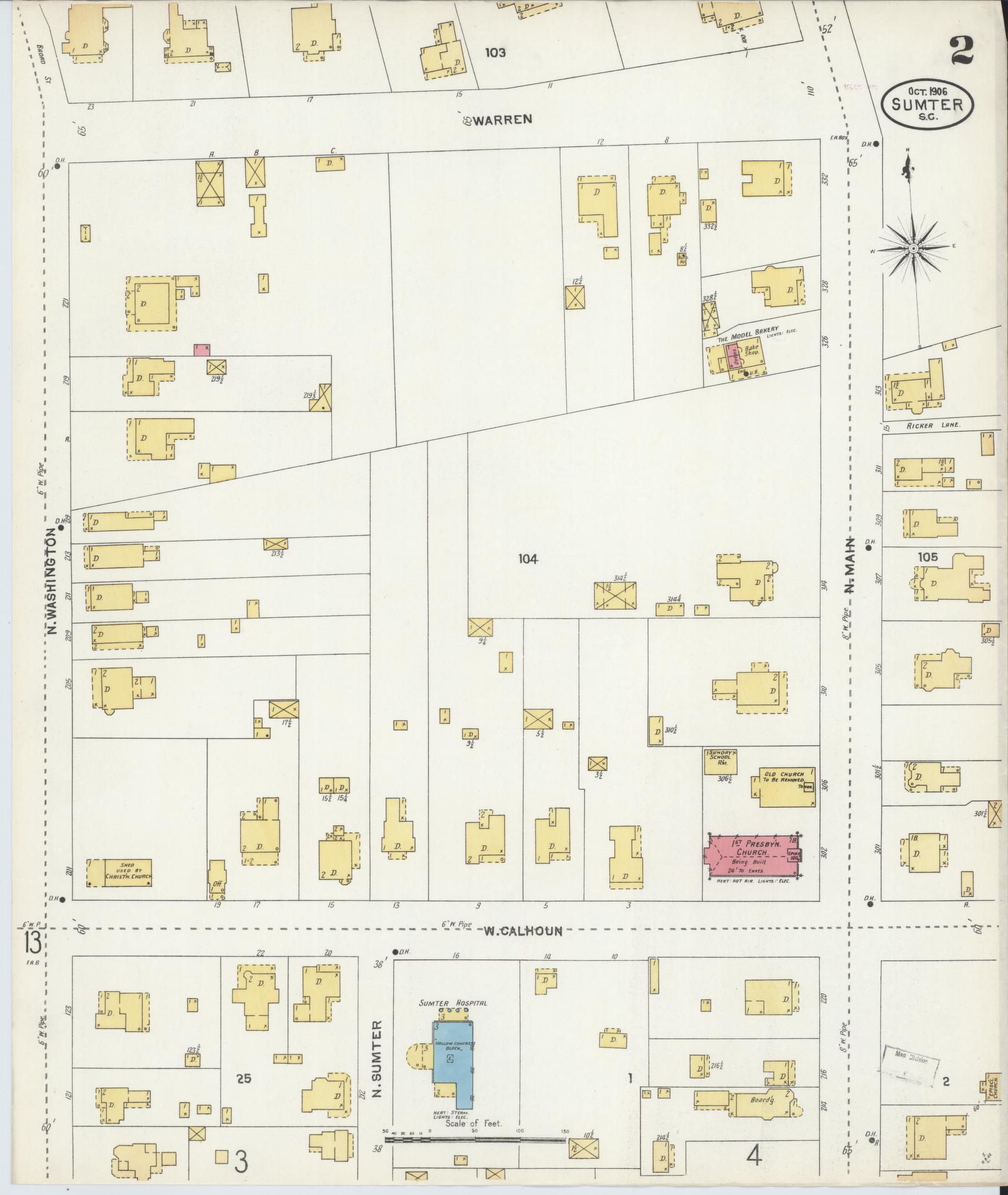 Sanborn Fire Insurance Map from Sumter, Sumter County, South Carolina (1906), Sheet #0002 - Historic Sanborn Fire Insurance Map Print, vintage old map wall art, antique decor, genealogy gift, South Carolina South Carolina map