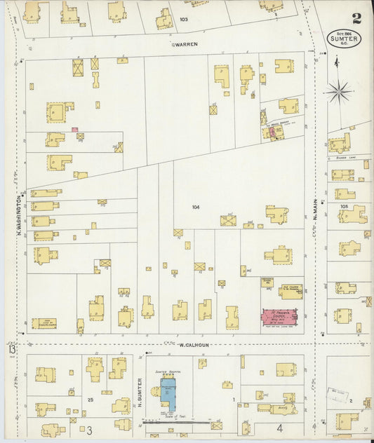 Sanborn Fire Insurance Map from Sumter, Sumter County, South Carolina (1906), Sheet #0002 - Historic Sanborn Fire Insurance Map Print, vintage old map wall art, antique decor, genealogy gift, South Carolina South Carolina map