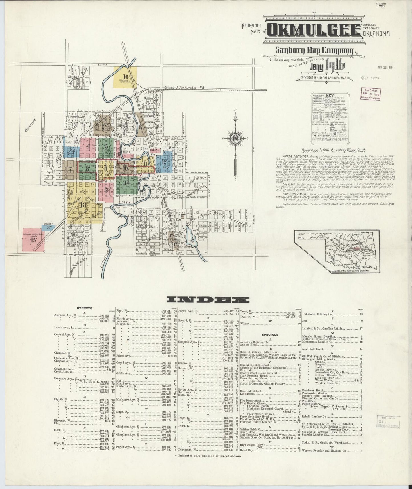 Sanborn Fire Insurance Map from Okmulgee, Okmulgee County, Oklahoma (1916), Sheet #0001 - Complete Map Set gallery image, historic Sanborn map, vintage wall art, Oklahoma Oklahoma