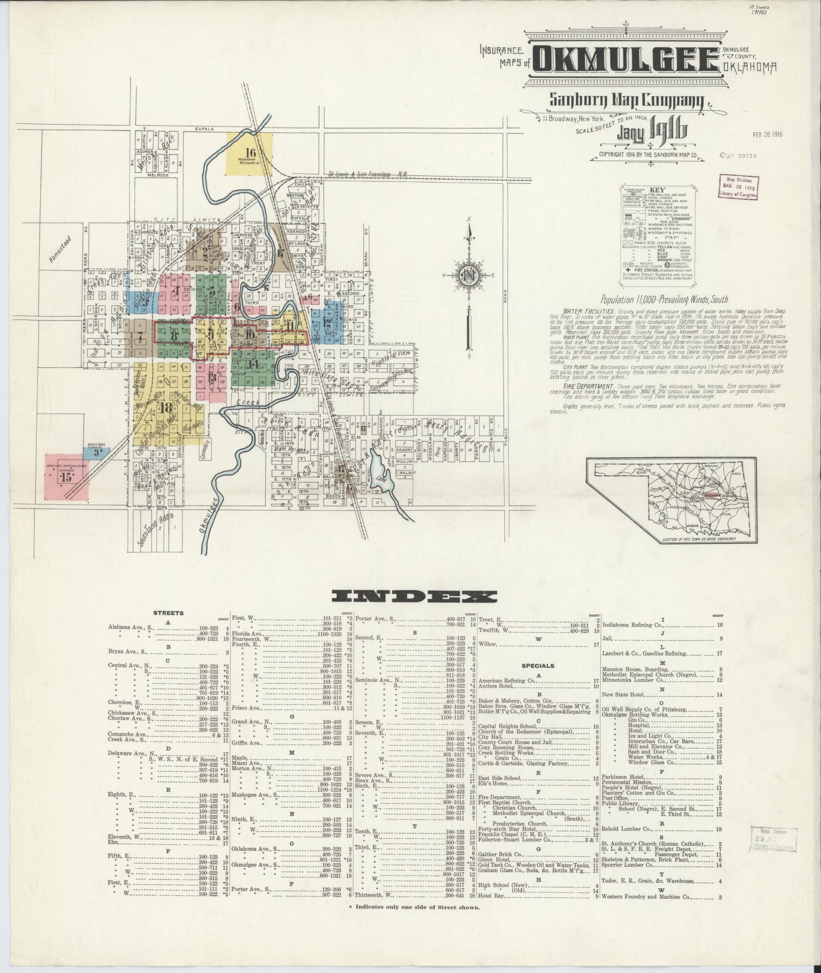Sanborn Fire Insurance Map from Okmulgee, Okmulgee County, Oklahoma (1916), Sheet #0001 - Complete Map Set gallery image, historic Sanborn map, vintage wall art, Oklahoma Oklahoma
