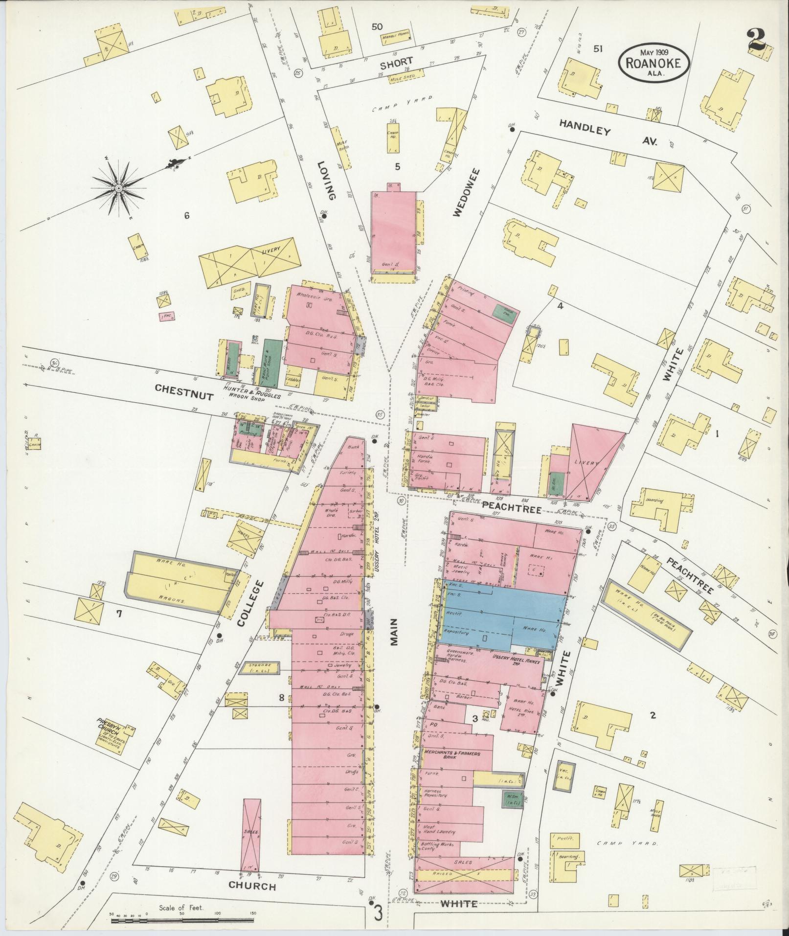 Sanborn Fire Insurance Map from Roanoke, Randolph County, Alabama (1909), Sheet #0002 - Historic Sanborn Fire Insurance Map Print, vintage old map wall art, antique decor, genealogy gift, Alabama Alabama map