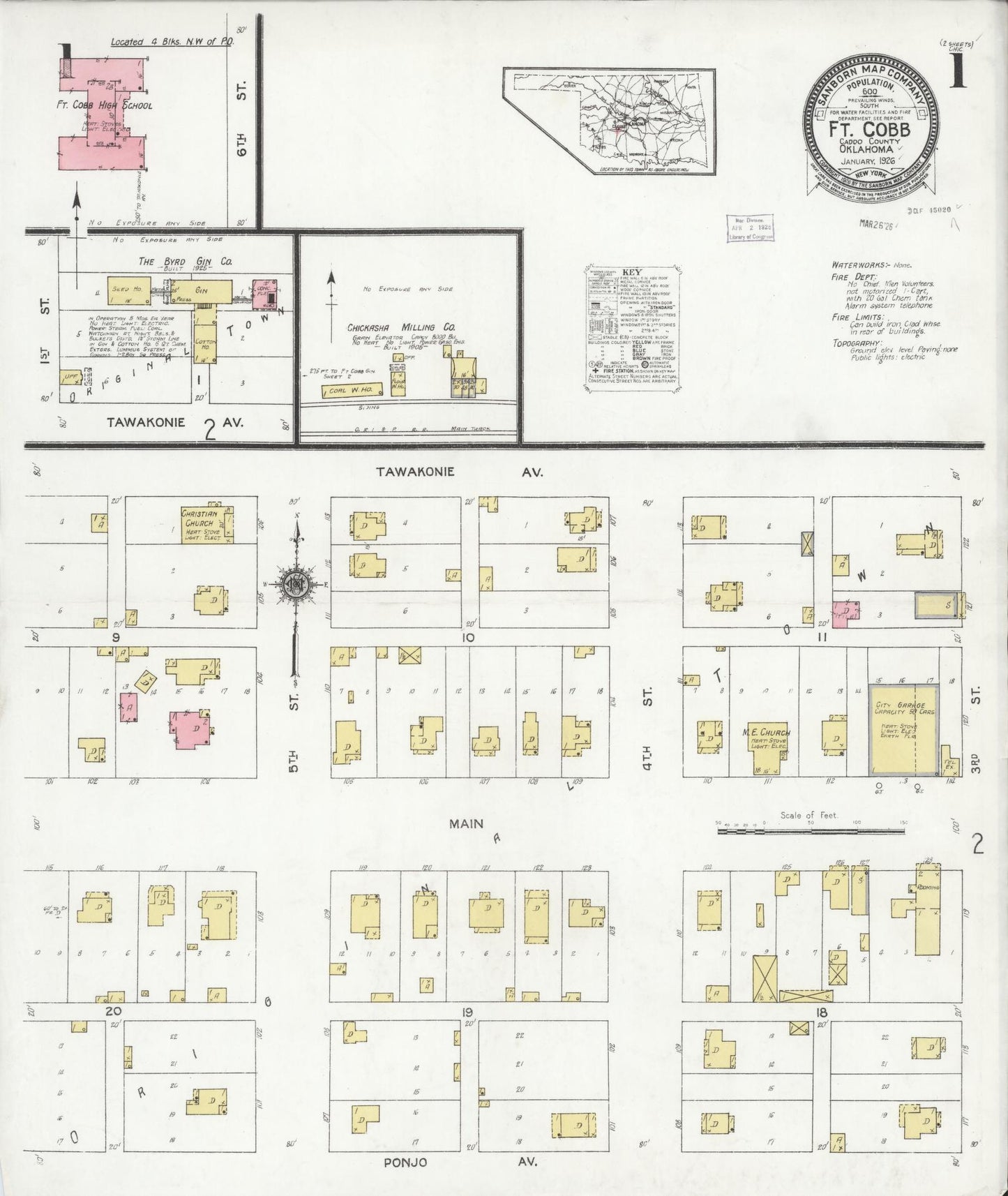 Sanborn Fire Insurance Map from Fort Cobb, Caddo County, Oklahoma (1926), Sheet #0001 - Complete Map Set gallery image, historic Sanborn map, vintage wall art, Oklahoma Oklahoma