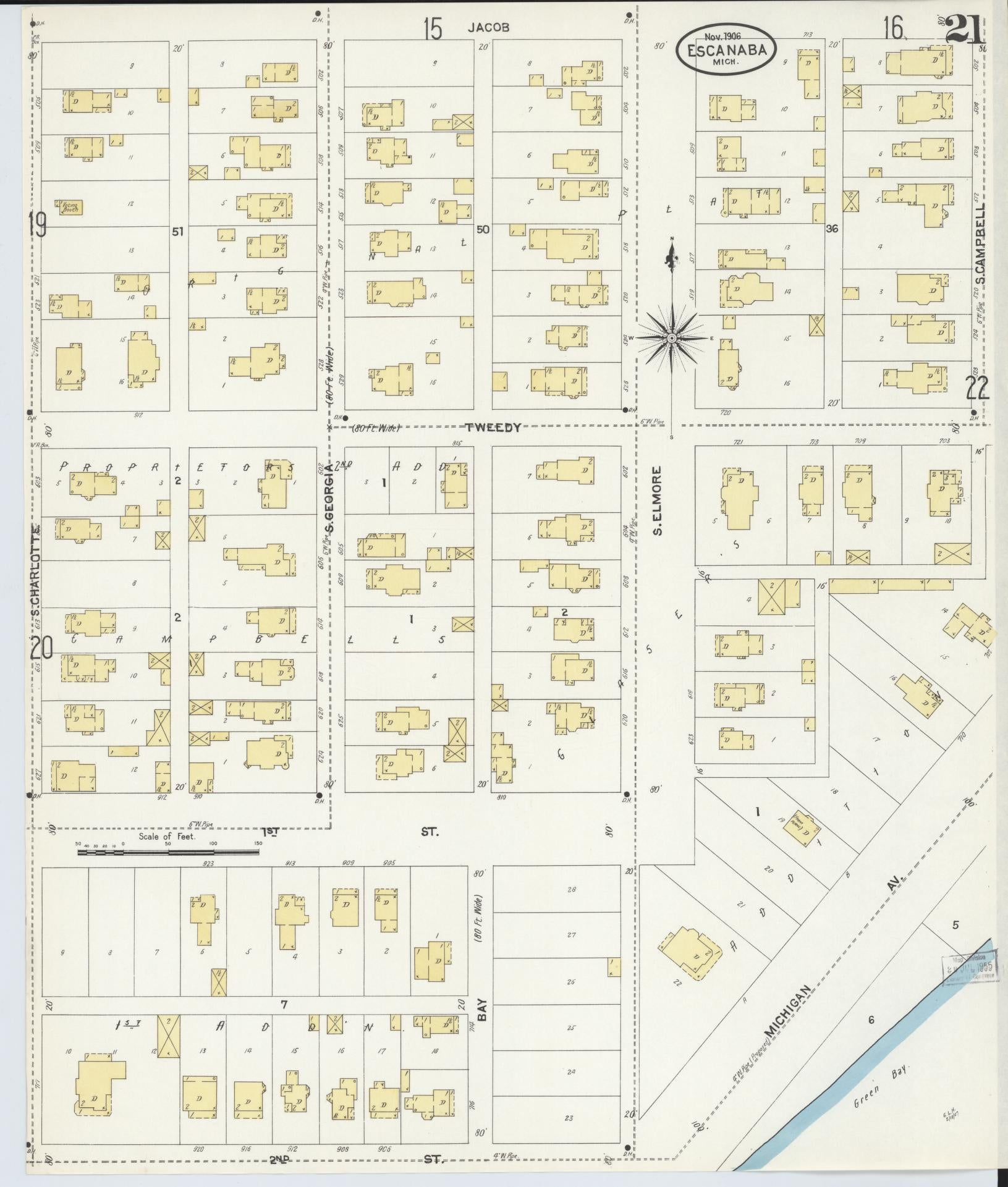 Sanborn Fire Insurance Map from Escanaba, Delta County, Michigan (1906), Sheet #0021 - Complete Map Set gallery image, historic Sanborn map, vintage wall art, Michigan Michigan