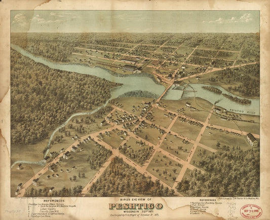 Bird's eye view of Peshtigo, Wisconsin Sept. 1871. (1871) – Historic Bird’s-Eye View Panorama Print