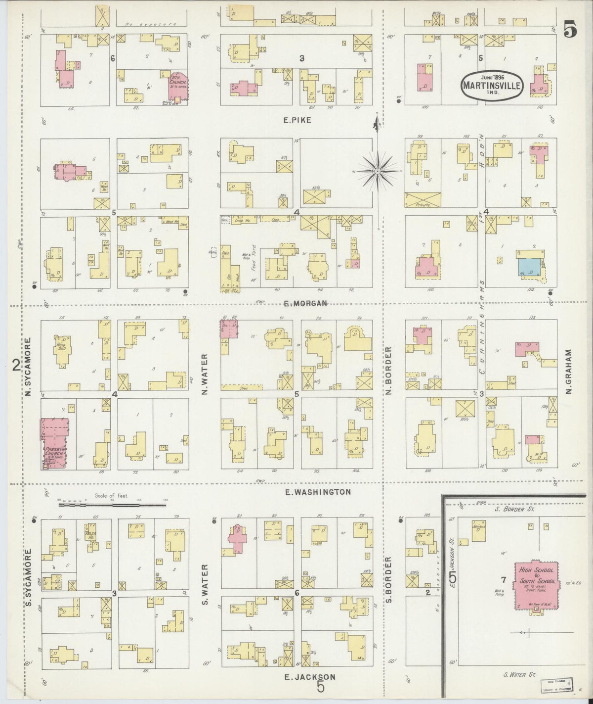 Sanborn Fire Insurance Map from Martinsville, Morgan County, Indiana (1896), Sheet #0005 - Historic Sanborn Fire Insurance Map Print, vintage old map wall art, antique decor, genealogy gift, Indiana Indiana map
