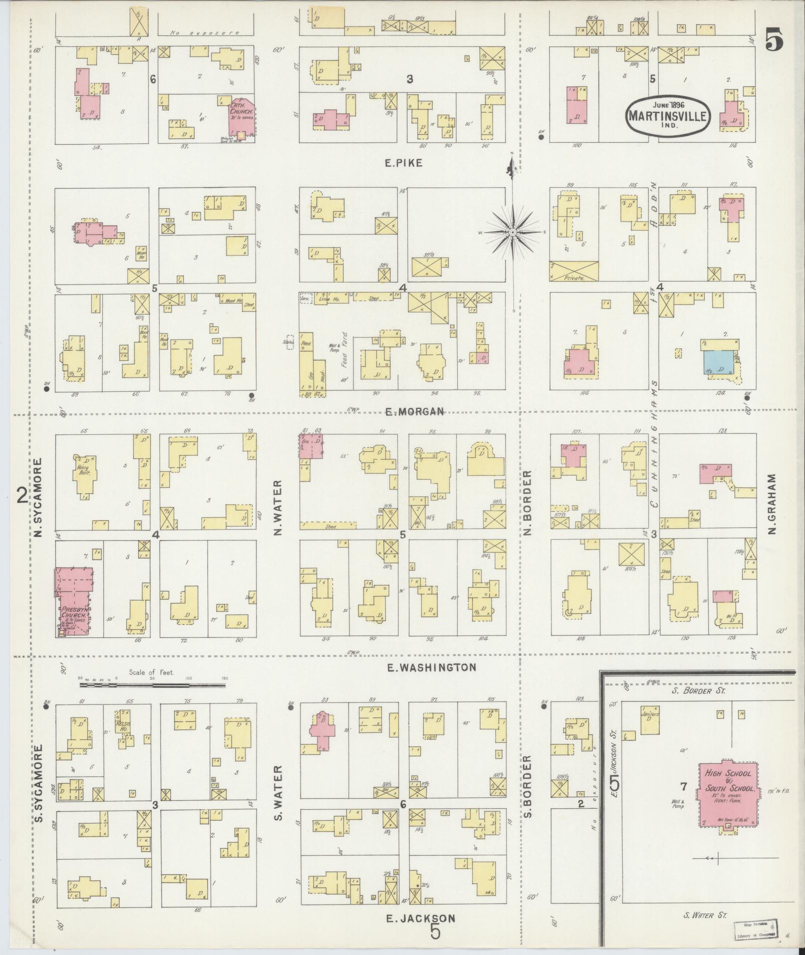 Sanborn Fire Insurance Map from Martinsville, Morgan County, Indiana (1896), Sheet #0005 - Historic Sanborn Fire Insurance Map Print, vintage old map wall art, antique decor, genealogy gift, Indiana Indiana map