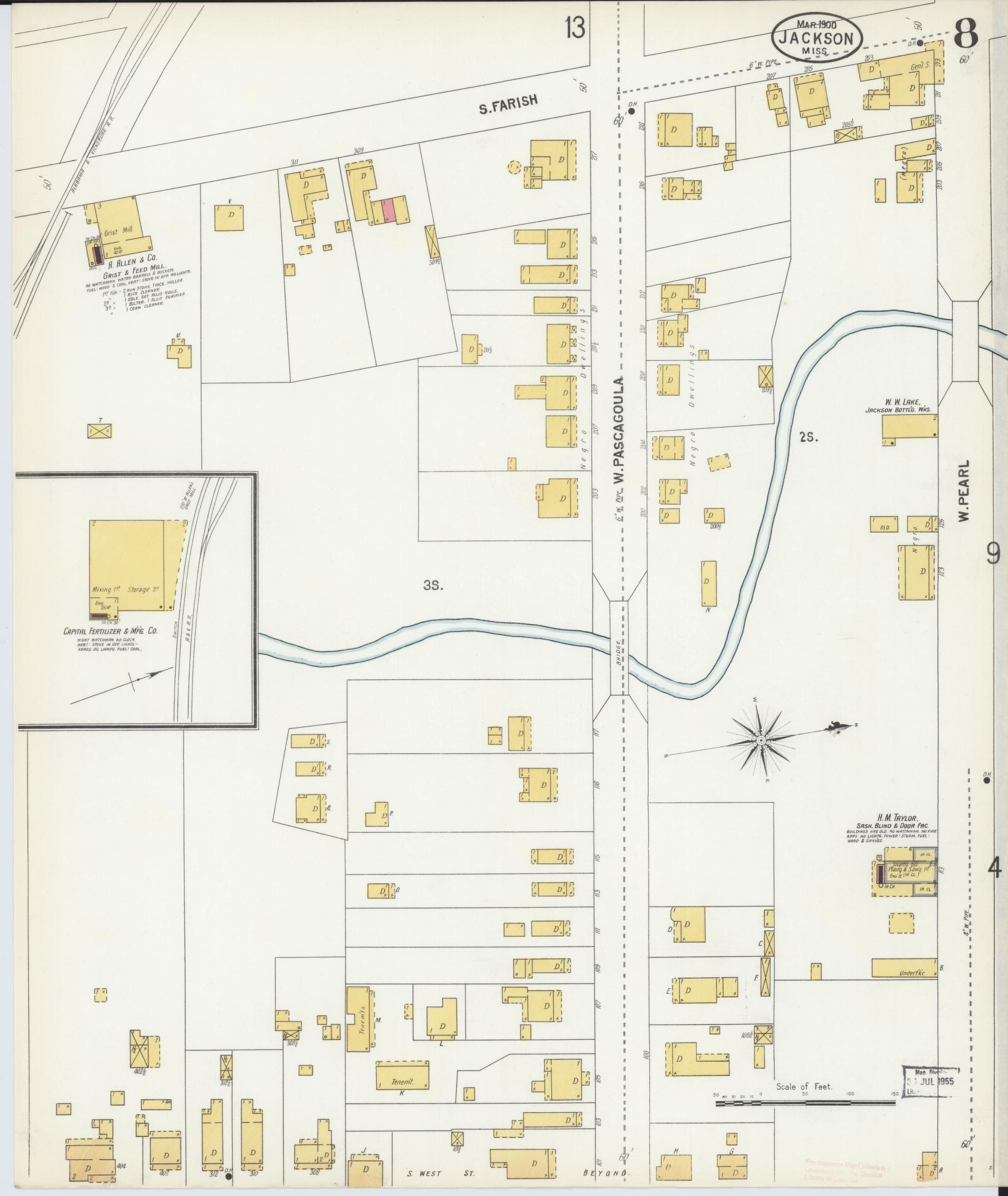 Sanborn Fire Insurance Map from Jackson, Hinds County, Mississippi (1900), Sheet #0008 - Historic Sanborn Fire Insurance Map Print, vintage old map wall art, antique decor, genealogy gift, Mississippi Mississippi map