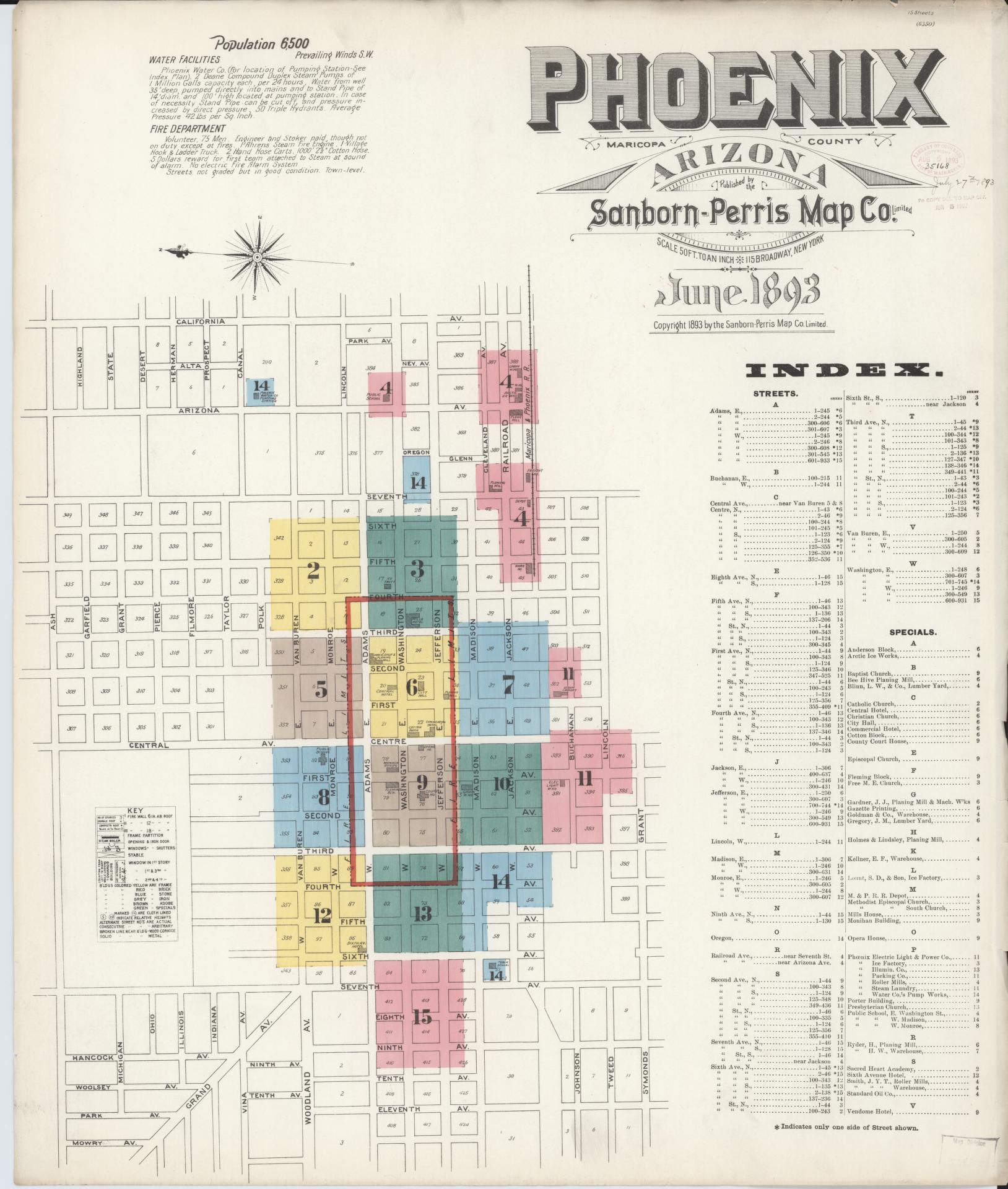 Sanborn Fire Insurance Map from Phoenix, Maricopa County, Arizona (1893), Sheet #0001 - Historic Sanborn Fire Insurance Map Print, vintage old map wall art, antique decor, genealogy gift, Arizona Arizona map