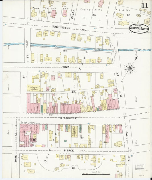 Sanborn Fire Insurance Map from Council Bluffs, Pottawattamie County, Iowa (1891), Sheet #0011 - Historic Sanborn Fire Insurance Map Print, vintage old map wall art