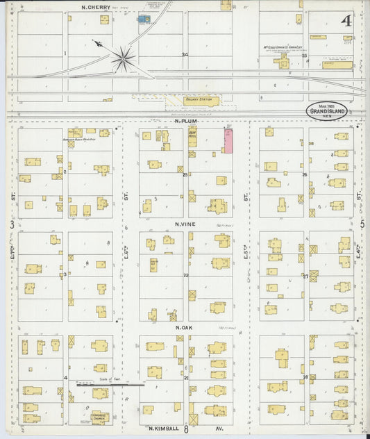 Sanborn Fire Insurance Map from Grand Island, Hall County, Nebraska (1905), Sheet #0004 - Historic Sanborn Fire Insurance Map Print, vintage old map wall art, antique decor, genealogy gift, Nebraska Nebraska map