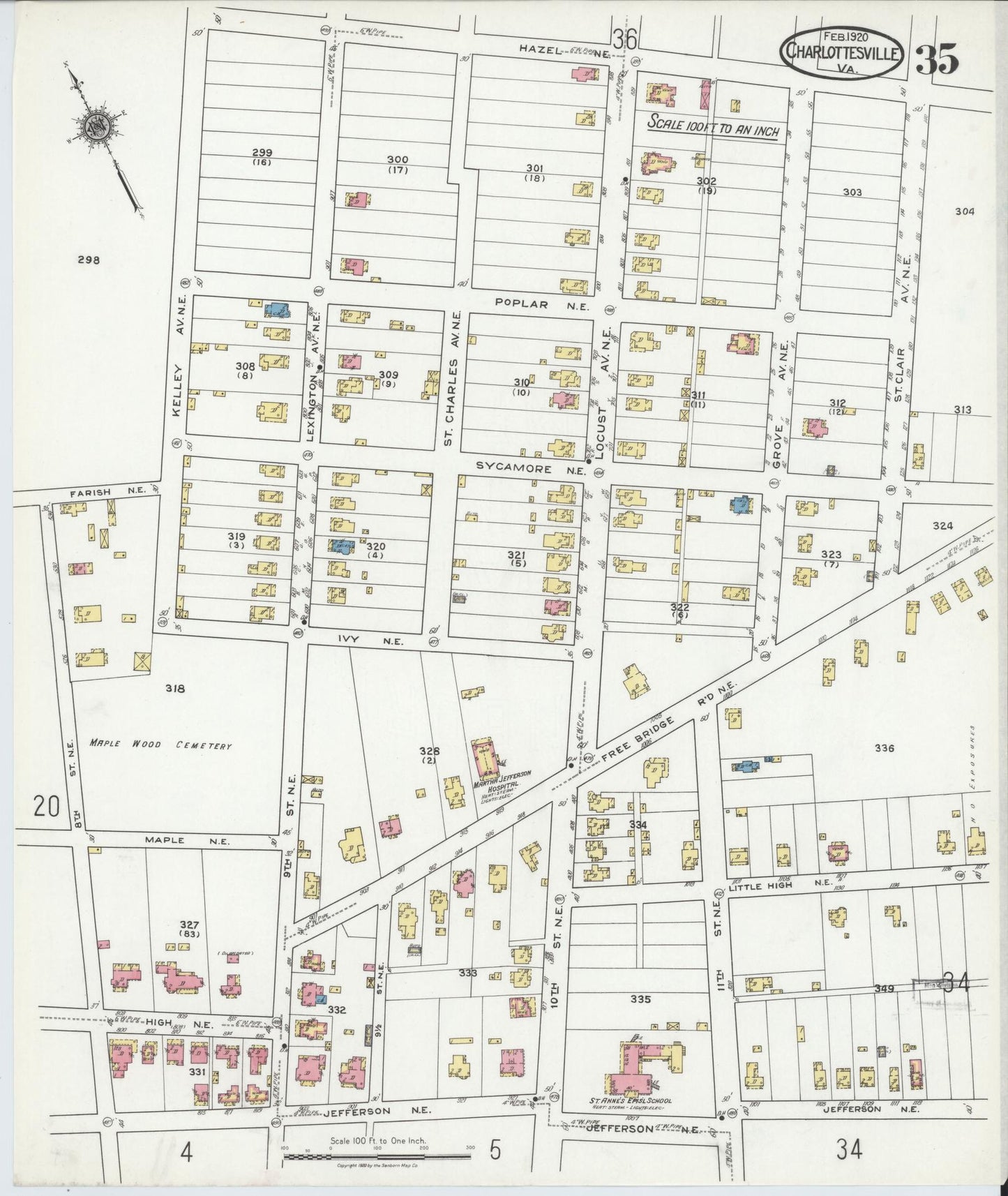 Sanborn Fire Insurance Map from Charlottesville, Independent Cities, Virginia (1920), Sheet #0035 - Complete Map Set gallery image, historic Sanborn map, vintage wall art, Virginia Virginia