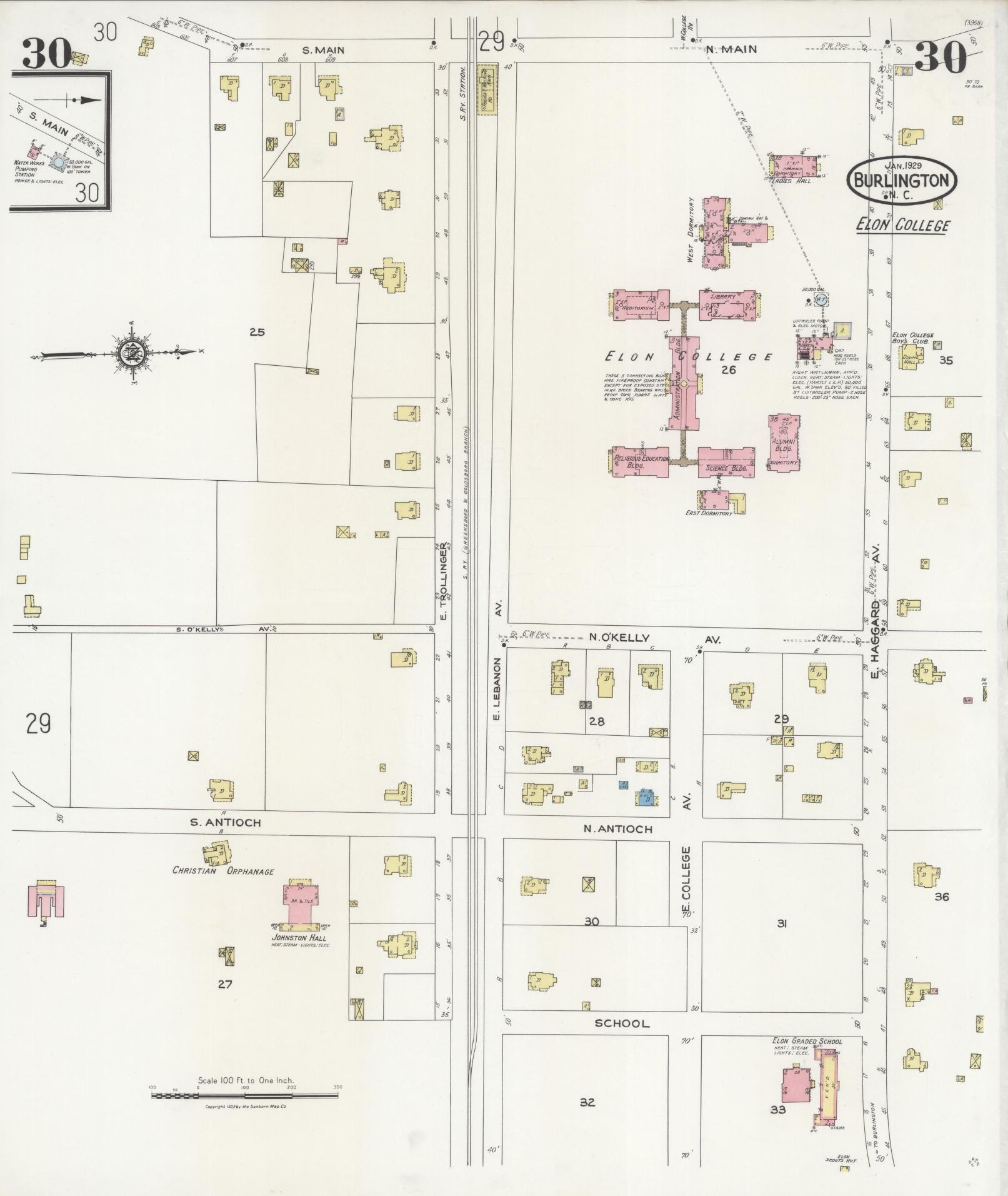Sanborn Fire Insurance Map from Burlington, Alamance County, North Carolina (1929), Sheet #0030 - Historic Sanborn Fire Insurance Map Print, vintage old map wall art, antique decor, genealogy gift, North Carolina North Carolina map