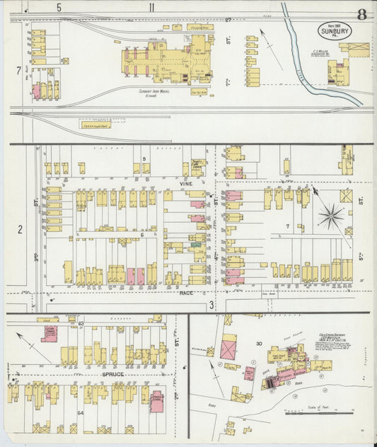 Sanborn Fire Insurance Map from Sunbury, Northumberland County, Pennsylvania (1901), Sheet #0008 - Historic Sanborn Fire Insurance Map Print, vintage old map wall art, antique decor, genealogy gift, Pennsylvania Pennsylvania map