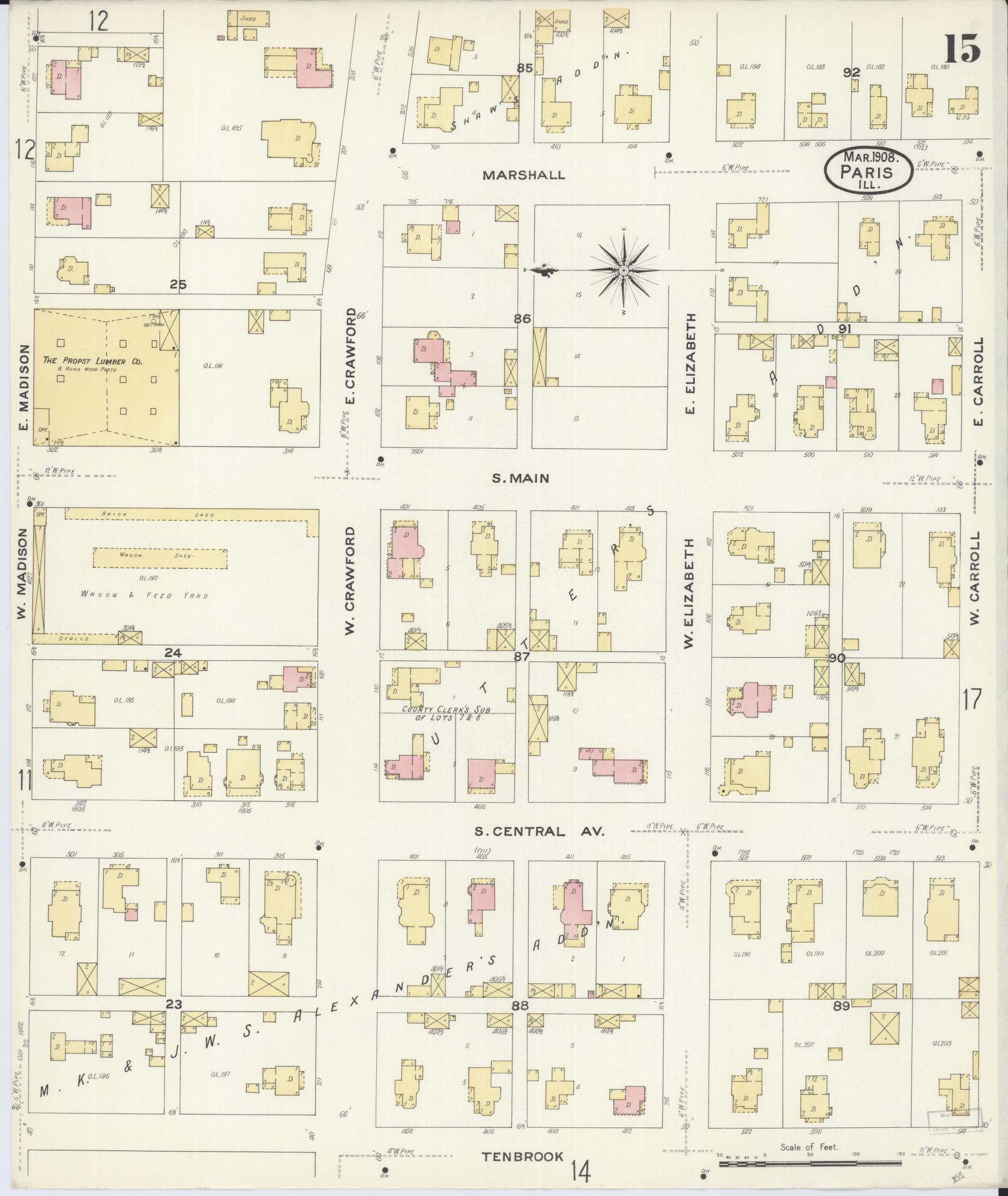 Sanborn Fire Insurance Map from Paris, Edgar County, Illinois (1908), Sheet #0015 - Complete Map Set gallery image, historic Sanborn map, vintage wall art, Illinois Illinois