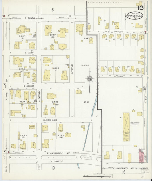 Sanborn Fire Insurance Map from Gainesville, Alachua County, Florida (1913), Sheet #0012 - Historic Sanborn Fire Insurance Map Print, vintage old map wall art, antique decor, genealogy gift, Florida Florida map