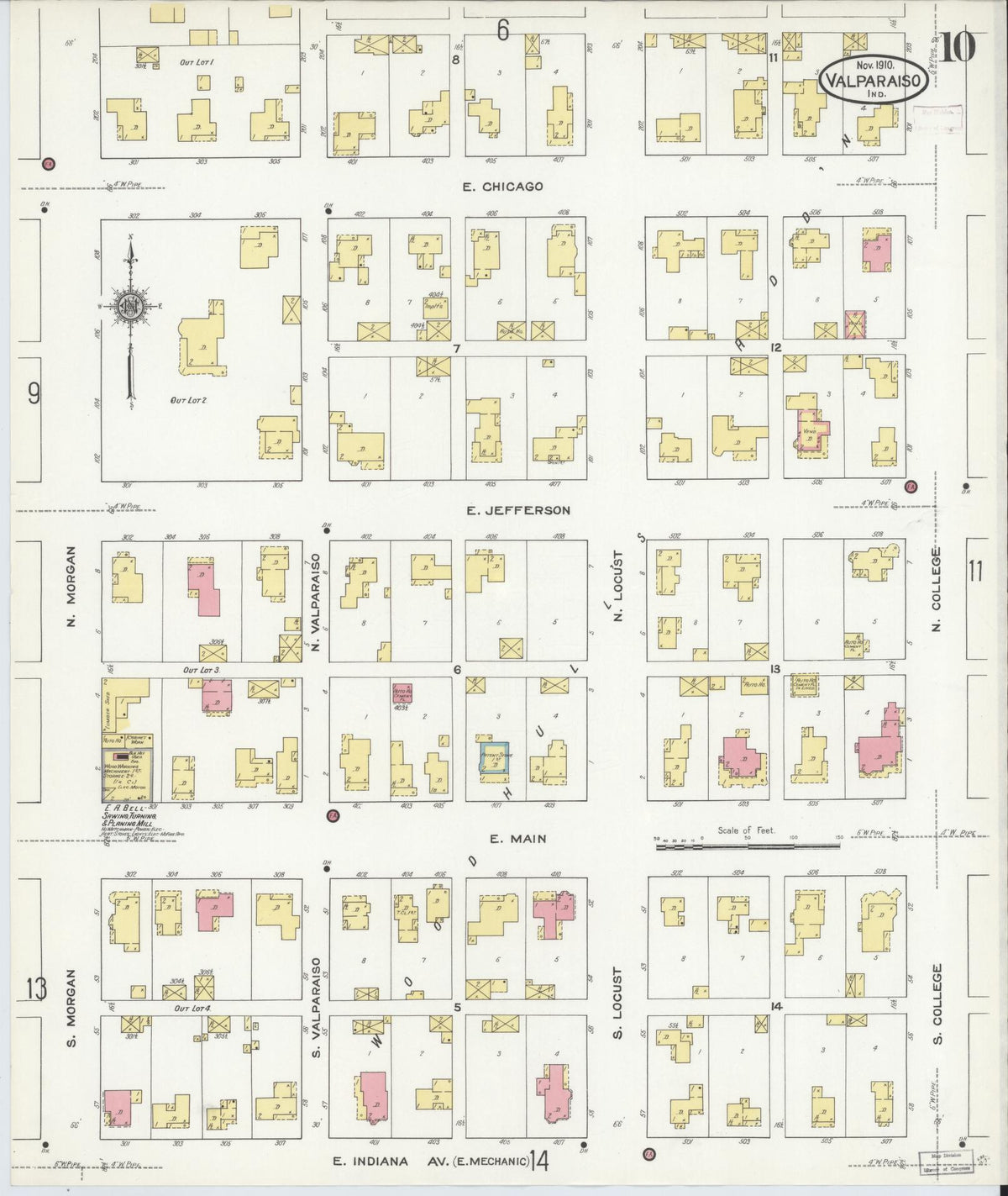 Sanborn Fire Insurance Map from Valparaiso, Porter County, Indiana (1910), Sheet #0010 - Historic Sanborn Fire Insurance Map Print, vintage old map wall art, antique decor, genealogy gift, Indiana Indiana map