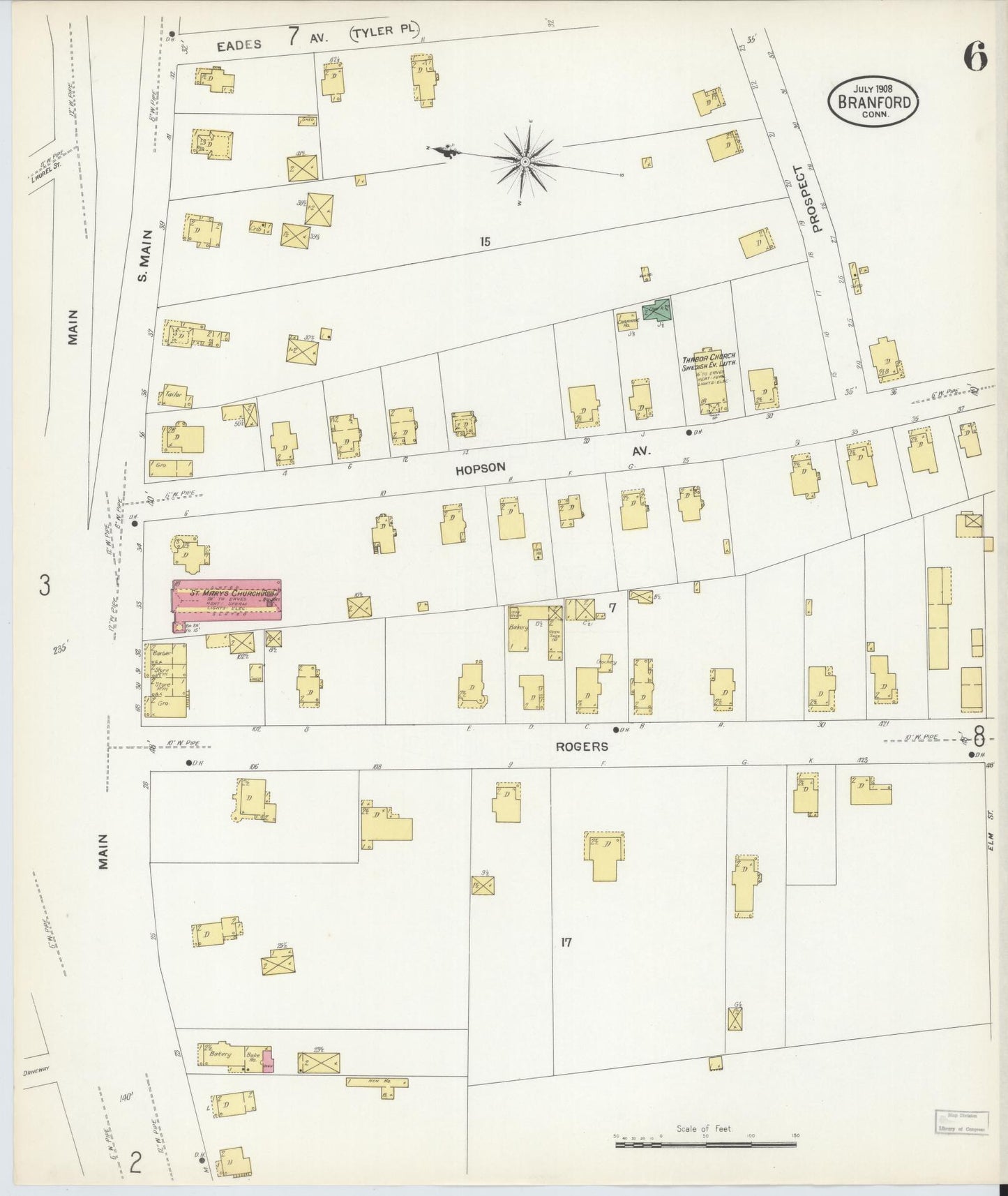 Sanborn Fire Insurance Map from Branford, New Haven County, Connecticut (1908), Sheet #0006 - Historic Sanborn Fire Insurance Map Print, vintage old map wall art, antique decor, genealogy gift, Connecticut Connecticut map