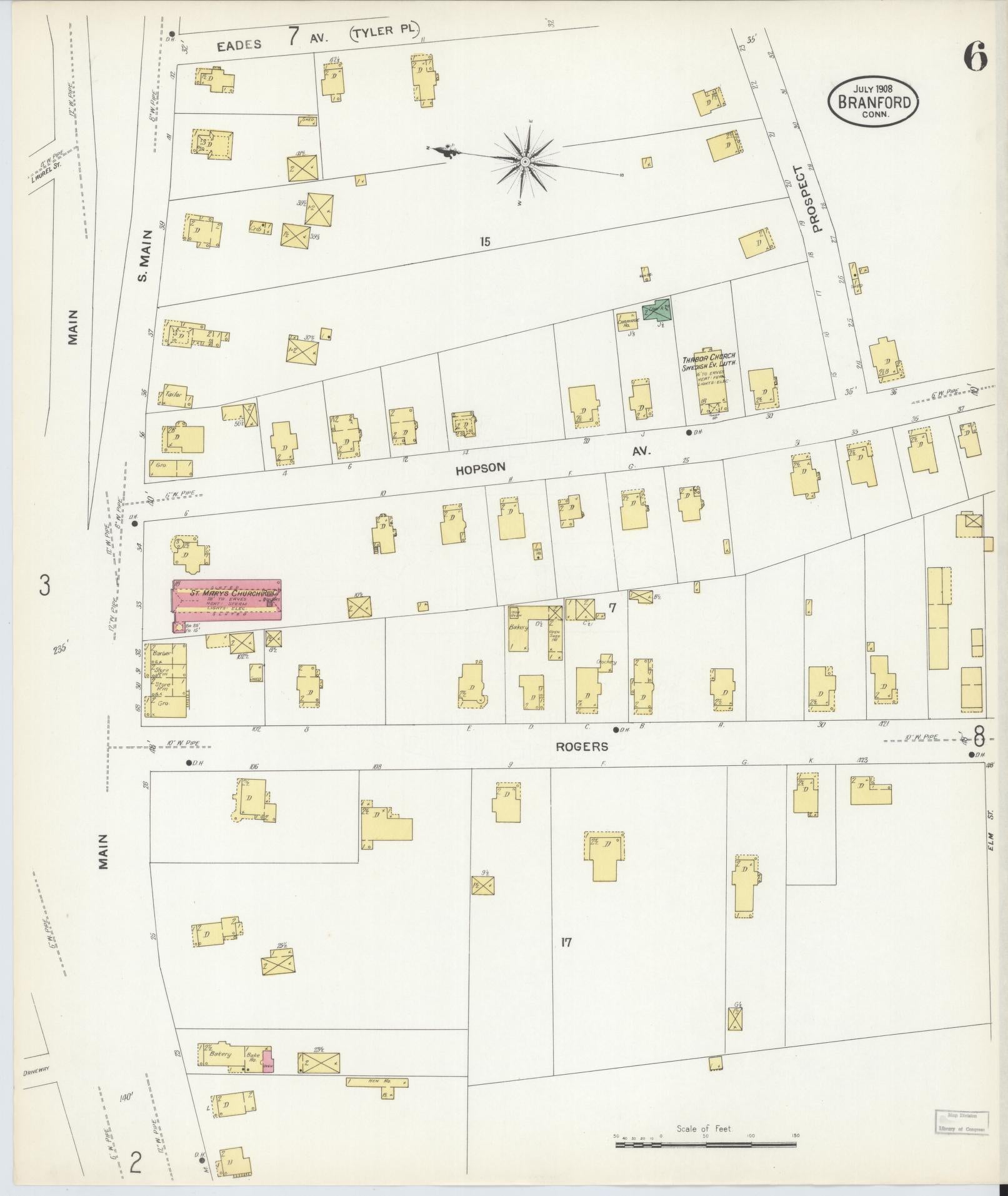 Sanborn Fire Insurance Map from Branford, New Haven County, Connecticut (1908), Sheet #0006 - Historic Sanborn Fire Insurance Map Print, vintage old map wall art, antique decor, genealogy gift, Connecticut Connecticut map