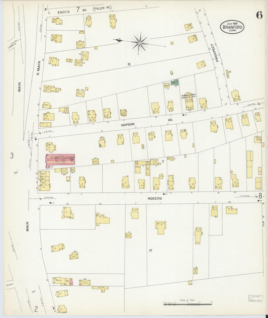 Sanborn Fire Insurance Map from Branford, New Haven County, Connecticut (1908), Sheet #0006 - Historic Sanborn Fire Insurance Map Print, vintage old map wall art, antique decor, genealogy gift, Connecticut Connecticut map