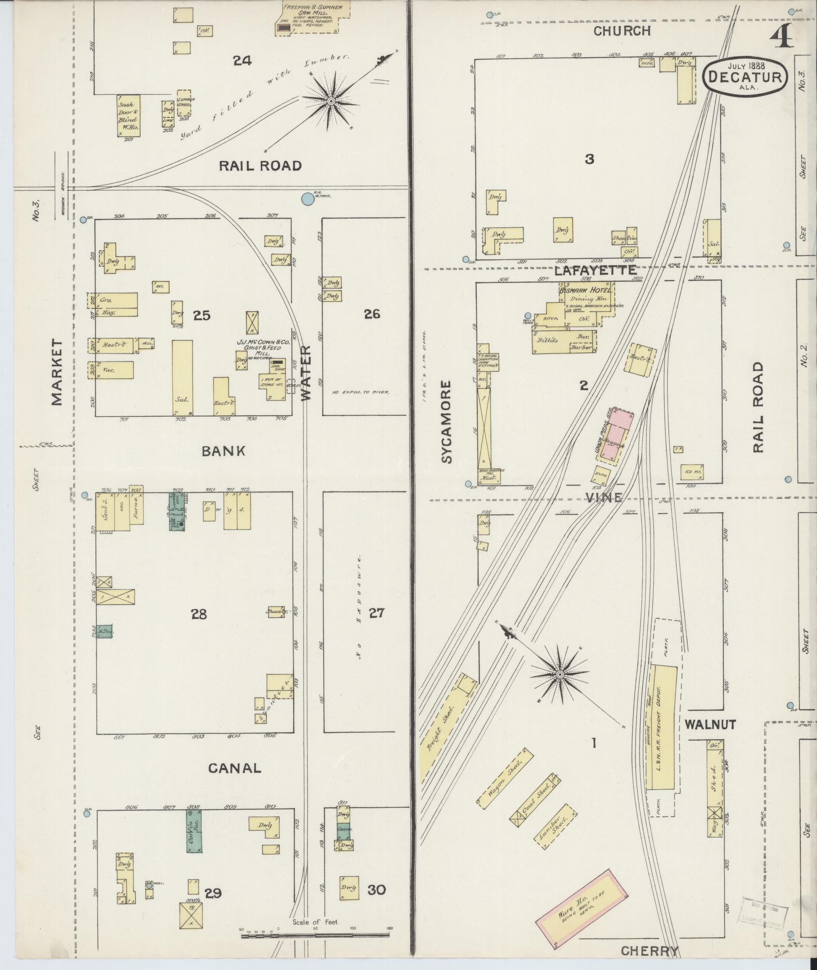 Sanborn Fire Insurance Map from Decatur, Morgan County, Alabama (1888), Sheet #0004 - Complete Map Set gallery image, historic Sanborn map, vintage wall art, Alabama Alabama