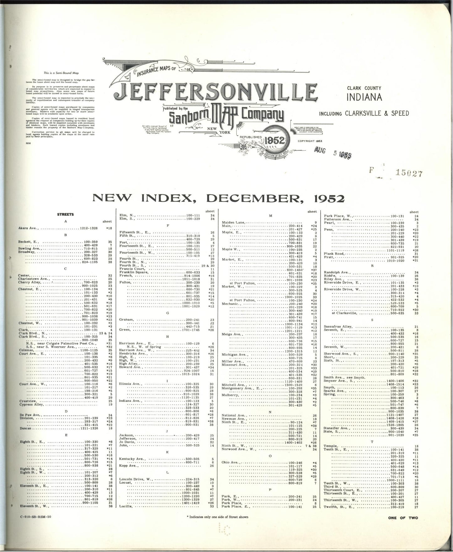 Sanborn Fire Insurance Map from Jeffersonville, Clark County, Indiana (1952), Sheet #0001 - Historic Sanborn Fire Insurance Map Print, vintage old map wall art, antique decor, genealogy gift, Indiana Indiana map