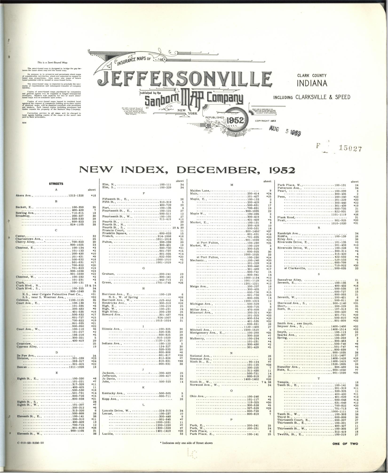 Sanborn Fire Insurance Map from Jeffersonville, Clark County, Indiana (1952), Sheet #0001 - Historic Sanborn Fire Insurance Map Print, vintage old map wall art, antique decor, genealogy gift, Indiana Indiana map