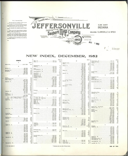 Sanborn Fire Insurance Map from Jeffersonville, Clark County, Indiana (1952), Sheet #0001 - Historic Sanborn Fire Insurance Map Print, vintage old map wall art, antique decor, genealogy gift, Indiana Indiana map