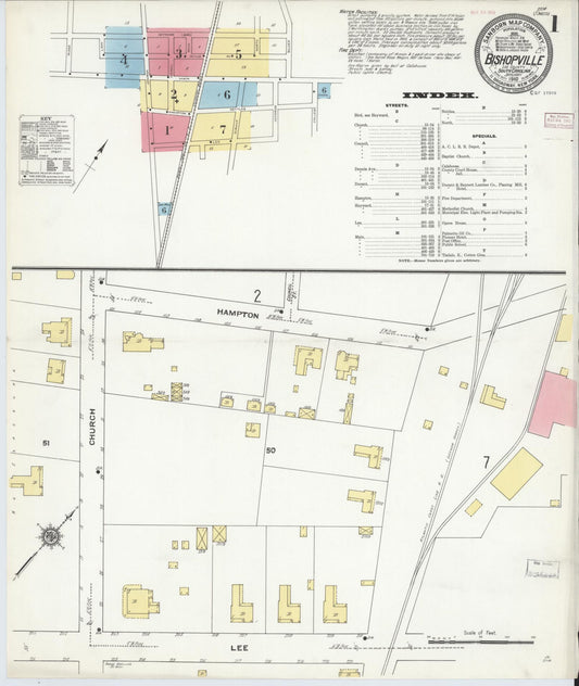 Sanborn Fire Insurance Map from Bishopville, Lee County, South Carolina (1910), Sheet #0001 - Complete Map Set gallery image, historic Sanborn map, vintage wall art, South Carolina South Carolina