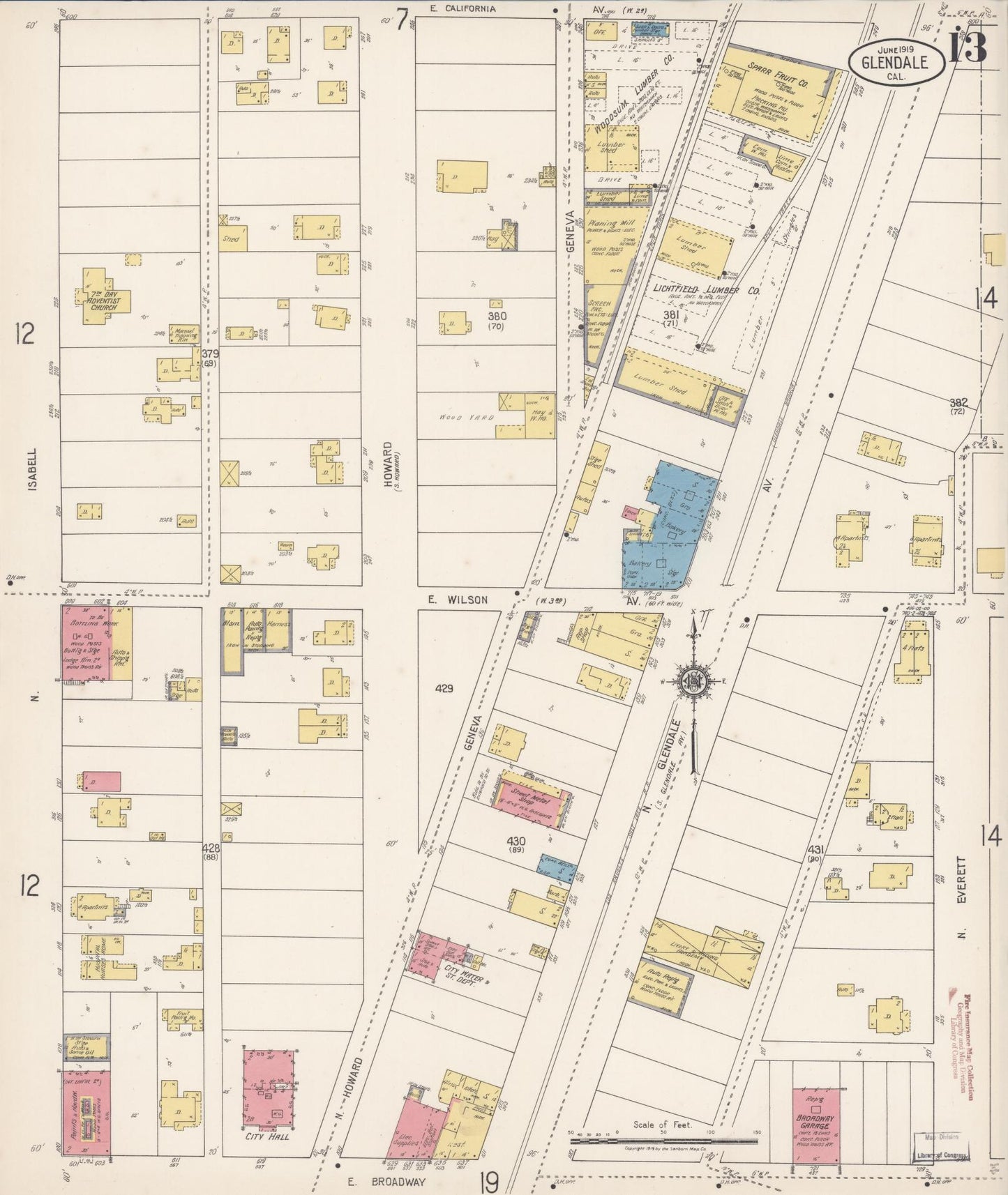 Sanborn Fire Insurance Map from Glendale, Los Angeles County, California (1919), Sheet #0013 - Historic Sanborn Fire Insurance Map Print, vintage old map wall art, antique decor, genealogy gift, California California map
