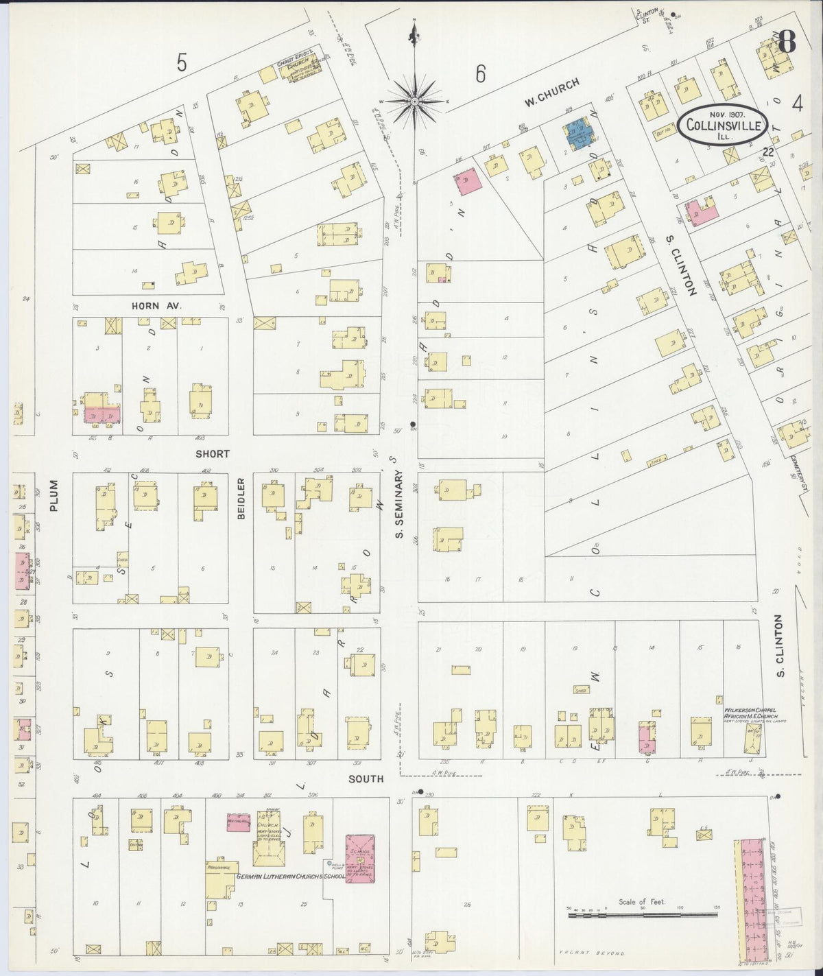 Sanborn Fire Insurance Map from Collinsville, Madison County, Illinois (1907), Sheet #0008 - Historic Sanborn Fire Insurance Map Print, vintage old map wall art, antique decor, genealogy gift, Illinois Illinois map