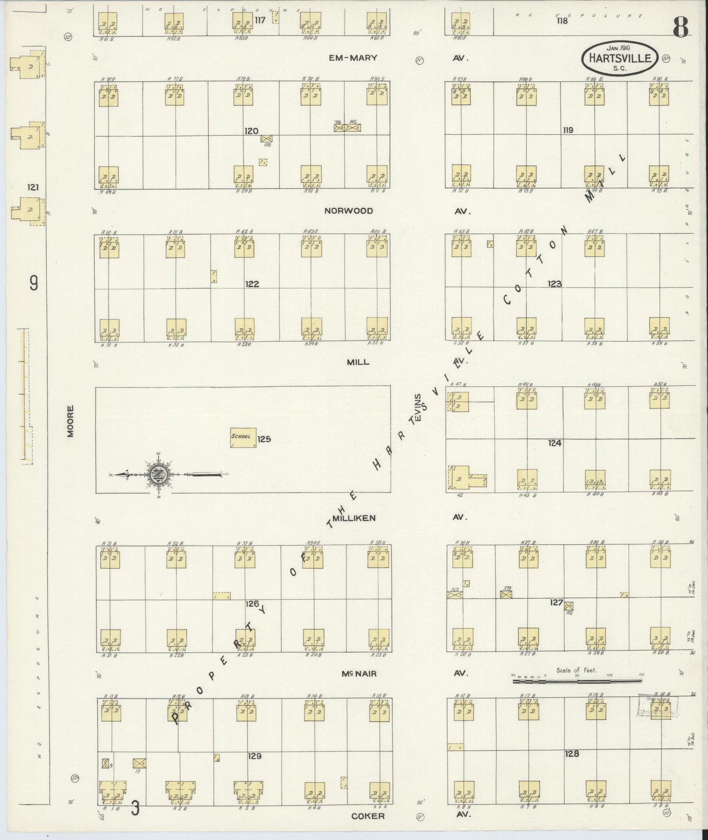 Sanborn Fire Insurance Map from Hartsville, Darlington County, South Carolina (1910), Sheet #0008 - Complete Map Set gallery image, historic Sanborn map, vintage wall art, South Carolina South Carolina