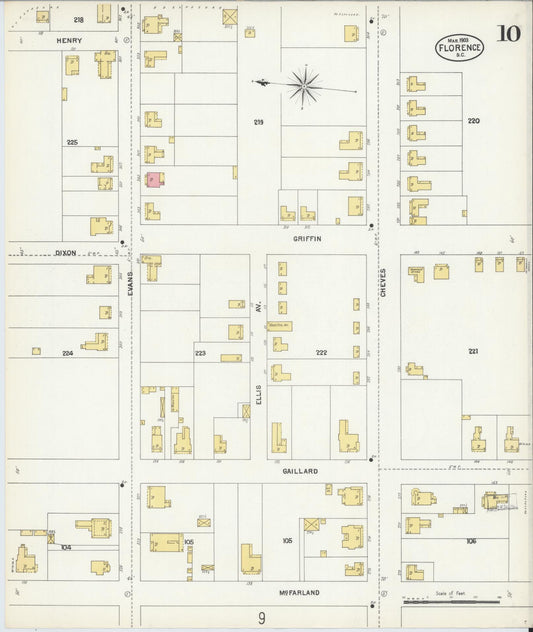 Sanborn Fire Insurance Map from Florence, Florence County, South Carolina (1903), Sheet #0010 - Historic Sanborn Fire Insurance Map Print, vintage old map wall art, antique decor, genealogy gift, South Carolina South Carolina map
