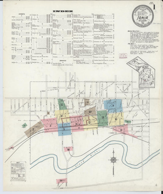 Sanborn Fire Insurance Map from Ionia, Ionia County, Michigan (1914), Sheet #0001 - Historic Sanborn Fire Insurance Map Print, vintage old map wall art, antique decor, genealogy gift, Michigan Michigan map