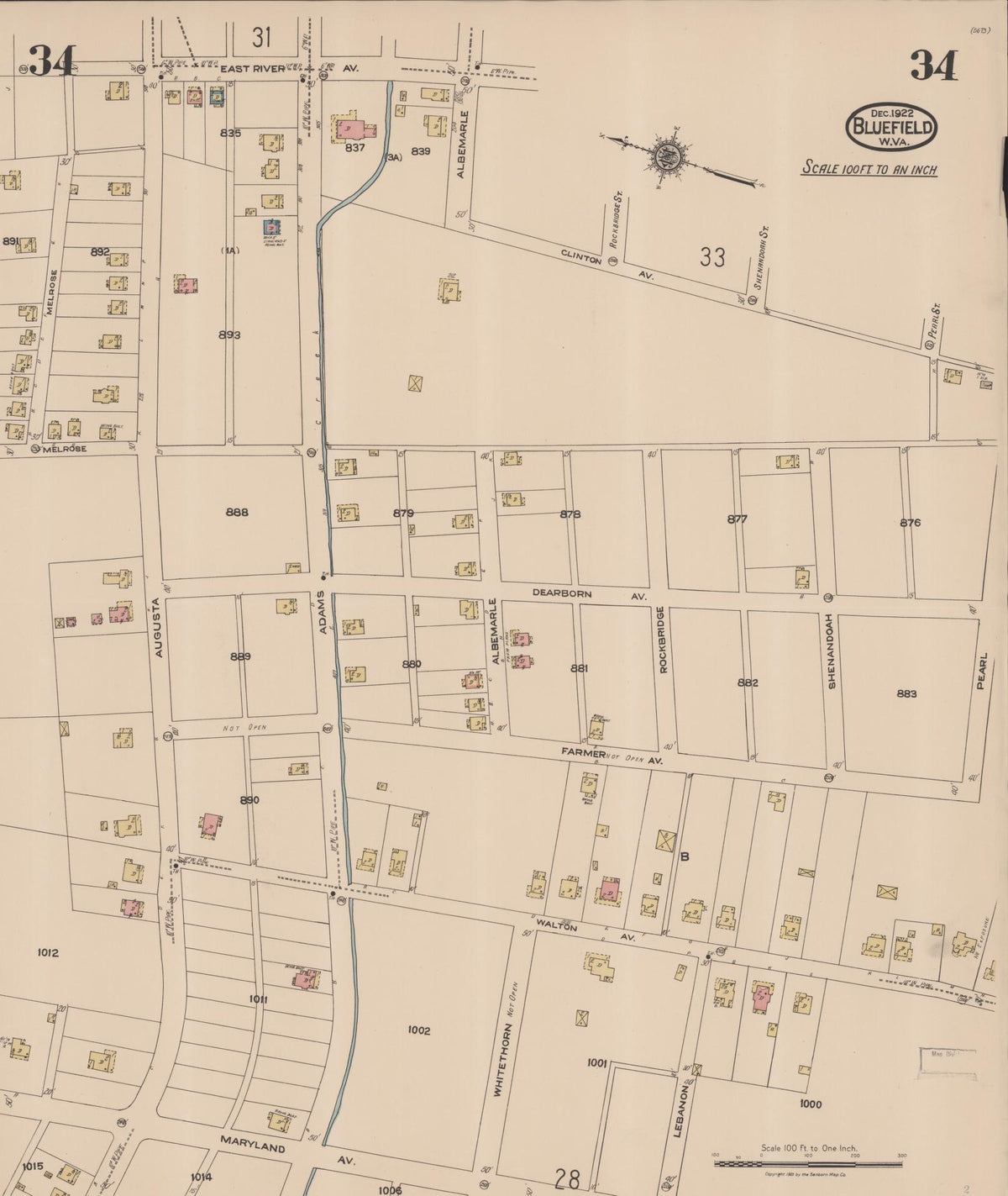 Sanborn Fire Insurance Map from Bluefield, Mercer County, West Virginia (1922), Sheet #0034 - Historic Sanborn Fire Insurance Map Print, vintage old map wall art, antique decor, genealogy gift, West Virginia West Virginia map
