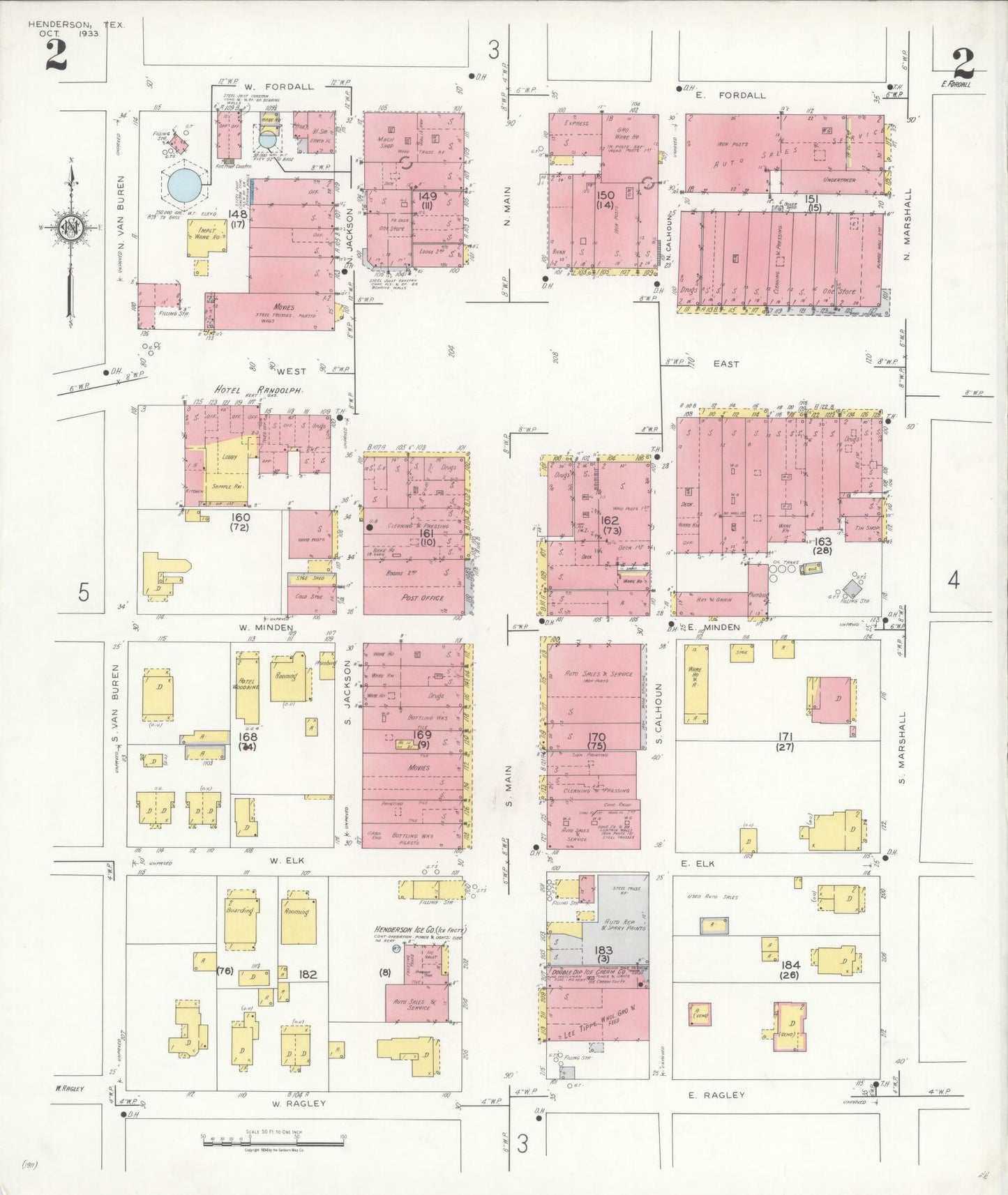 Sanborn Fire Insurance Map from Henderson, Rusk County, Texas (1933), Sheet #0002 - Complete Map Set gallery image, historic Sanborn map, vintage wall art, Texas Texas