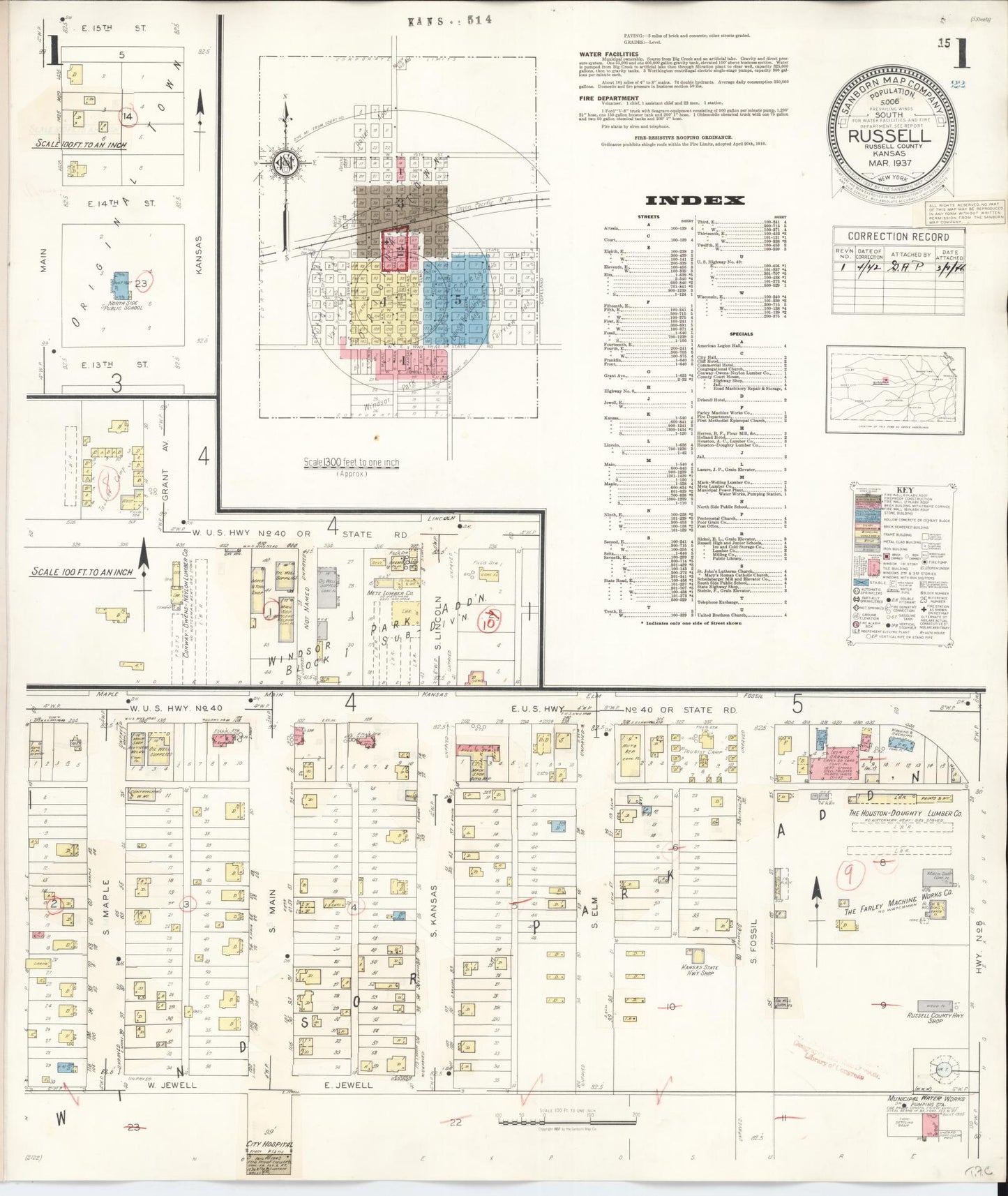 Sanborn Fire Insurance Map from Russell, Russell County, Kansas (1942), Sheet #0001 - Historic Sanborn Fire Insurance Map Print, vintage old map wall art, antique decor, genealogy gift, Kansas Kansas map