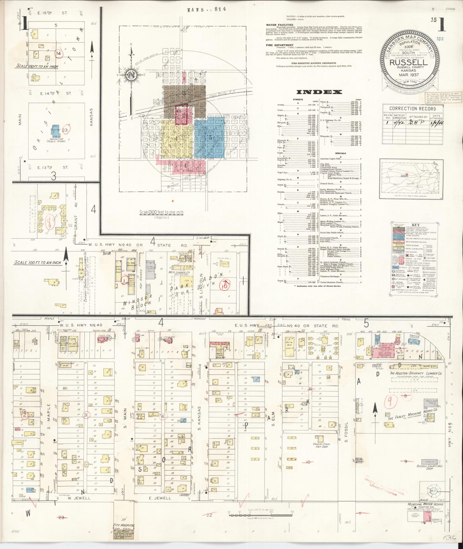 Sanborn Fire Insurance Map from Russell, Russell County, Kansas (1942), Sheet #0001 - Historic Sanborn Fire Insurance Map Print, vintage old map wall art, antique decor, genealogy gift, Kansas Kansas map