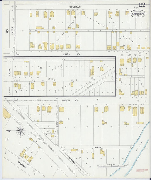 Sanborn Fire Insurance Map from Hannibal, Marion County, Missouri (1906), Sheet #0022 - Historic Sanborn Fire Insurance Map Print, vintage old map wall art, antique decor, genealogy gift, Missouri Missouri map