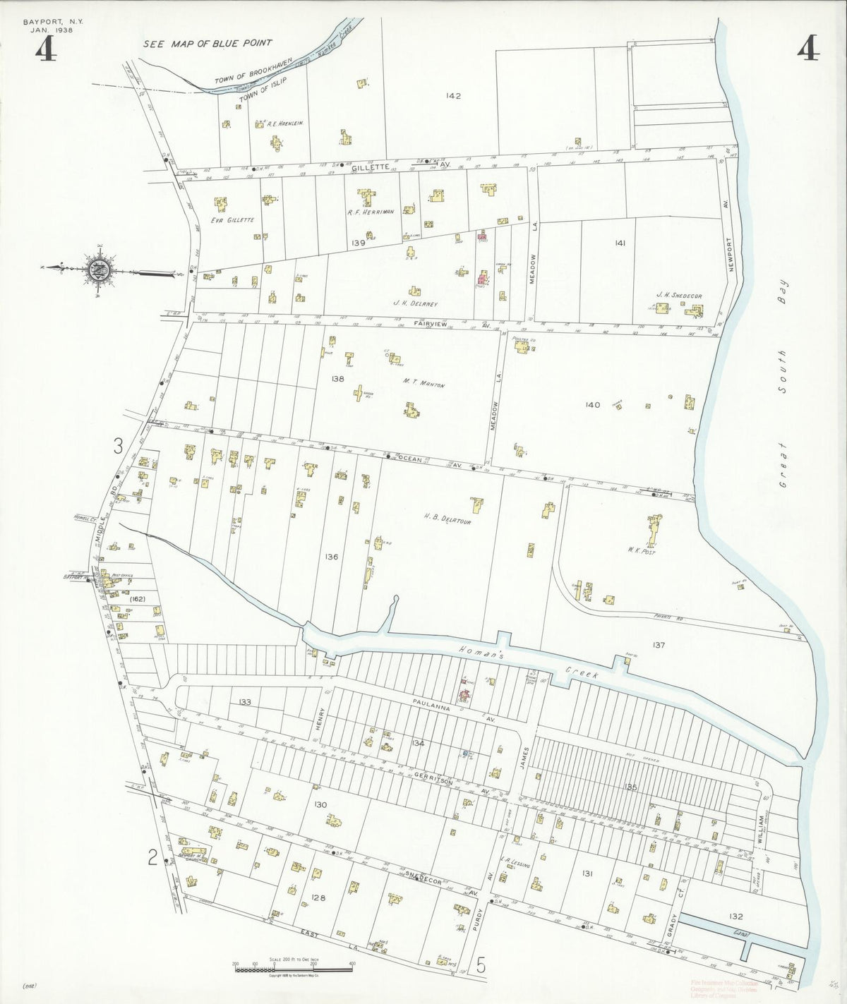Sanborn Fire Insurance Map from Bayport, Suffolk County, New York (1938), Sheet #0004 - Historic Sanborn Fire Insurance Map Print, vintage old map wall art, antique decor, genealogy gift, New York New York map