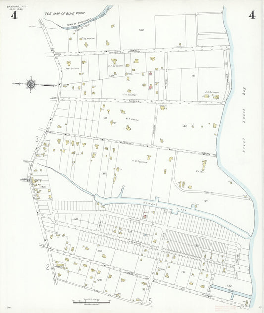 Sanborn Fire Insurance Map from Bayport, Suffolk County, New York (1938), Sheet #0004 - Historic Sanborn Fire Insurance Map Print, vintage old map wall art, antique decor, genealogy gift, New York New York map