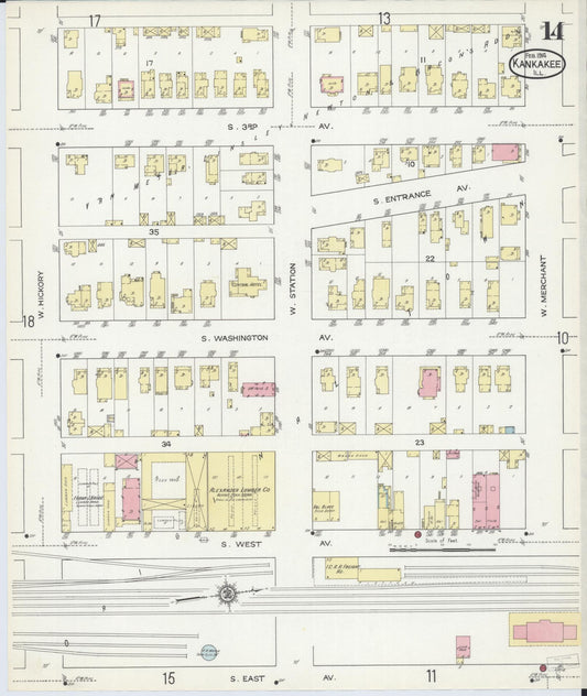 Sanborn Fire Insurance Map from Kankakee, Kankakee County, Illinois (1914), Sheet #0014 - Historic Sanborn Fire Insurance Map Print, vintage old map wall art, antique decor, genealogy gift, Illinois Illinois map