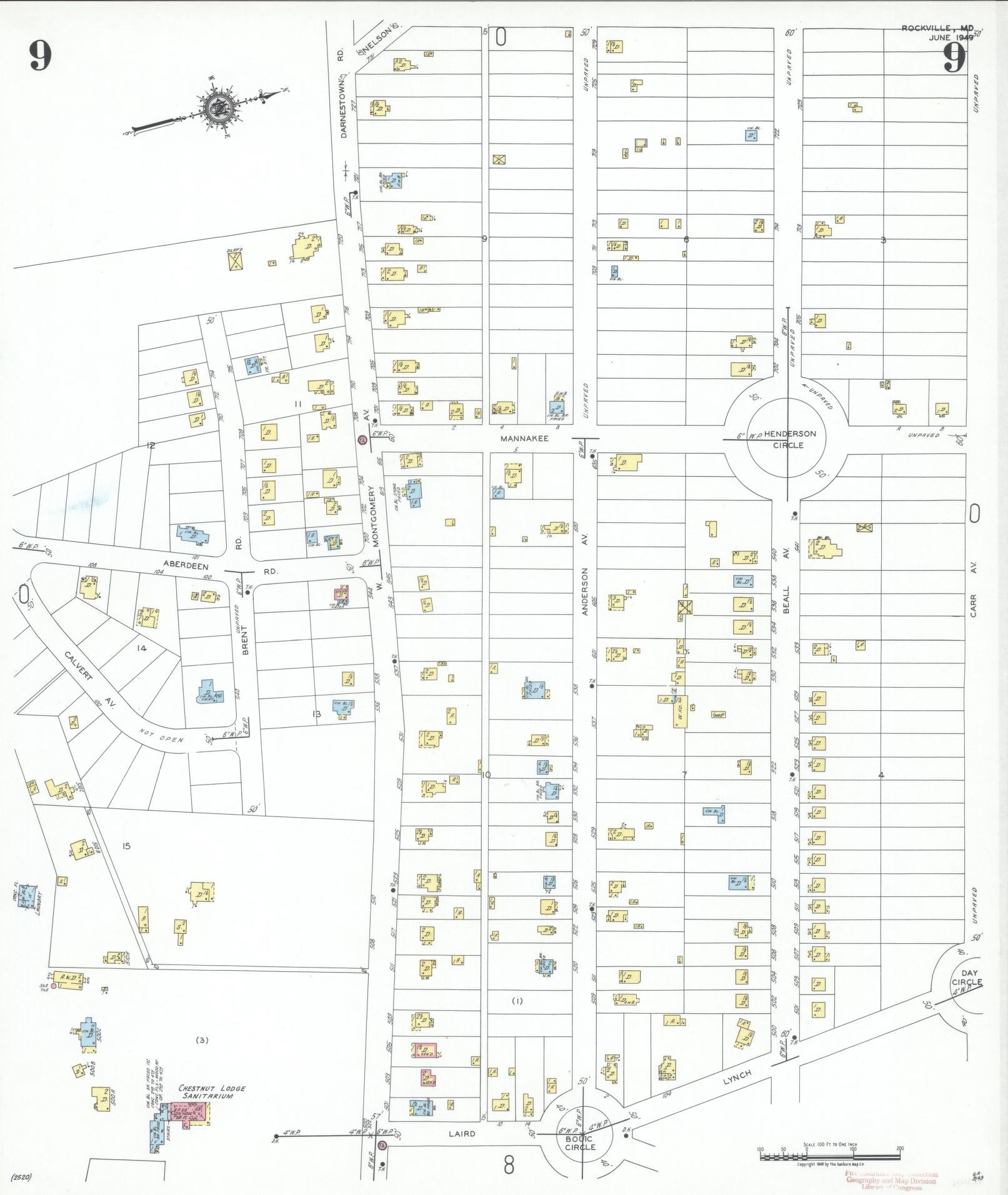 Sanborn Fire Insurance Map from Rockville, Montgomery County, Maryland (1949), Sheet #0009 - Historic Sanborn Fire Insurance Map Print, vintage old map wall art
