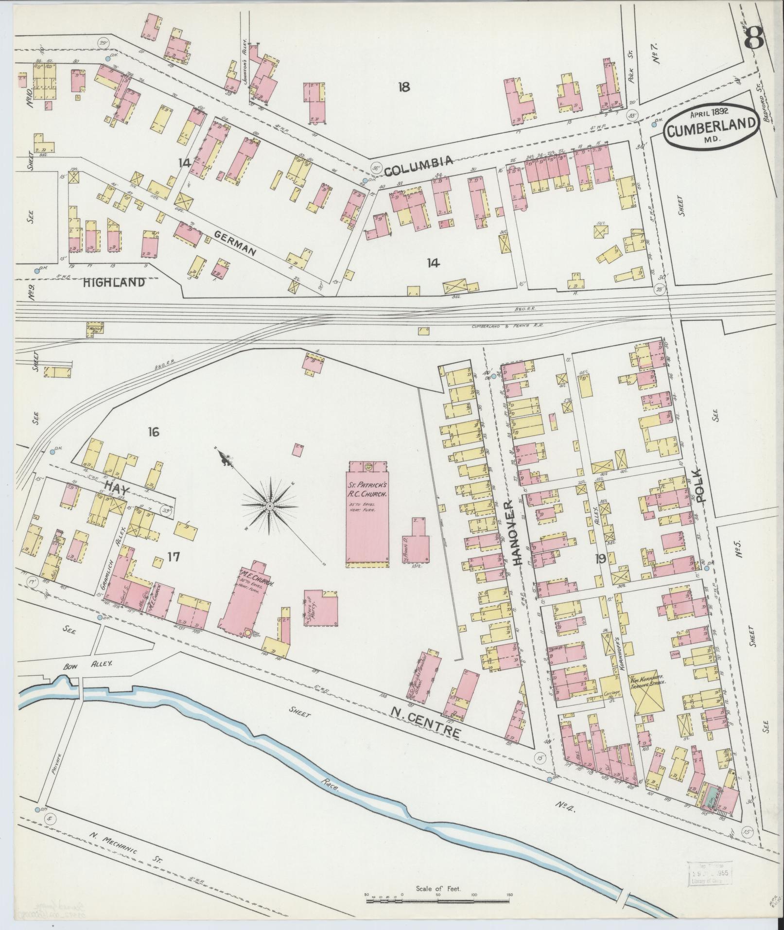 Sanborn Fire Insurance Map from Cumberland, Allegany County, Maryland (1892), Sheet #0008 - Historic Sanborn Fire Insurance Map Print, vintage old map wall art, antique decor, genealogy gift, Maryland Maryland map