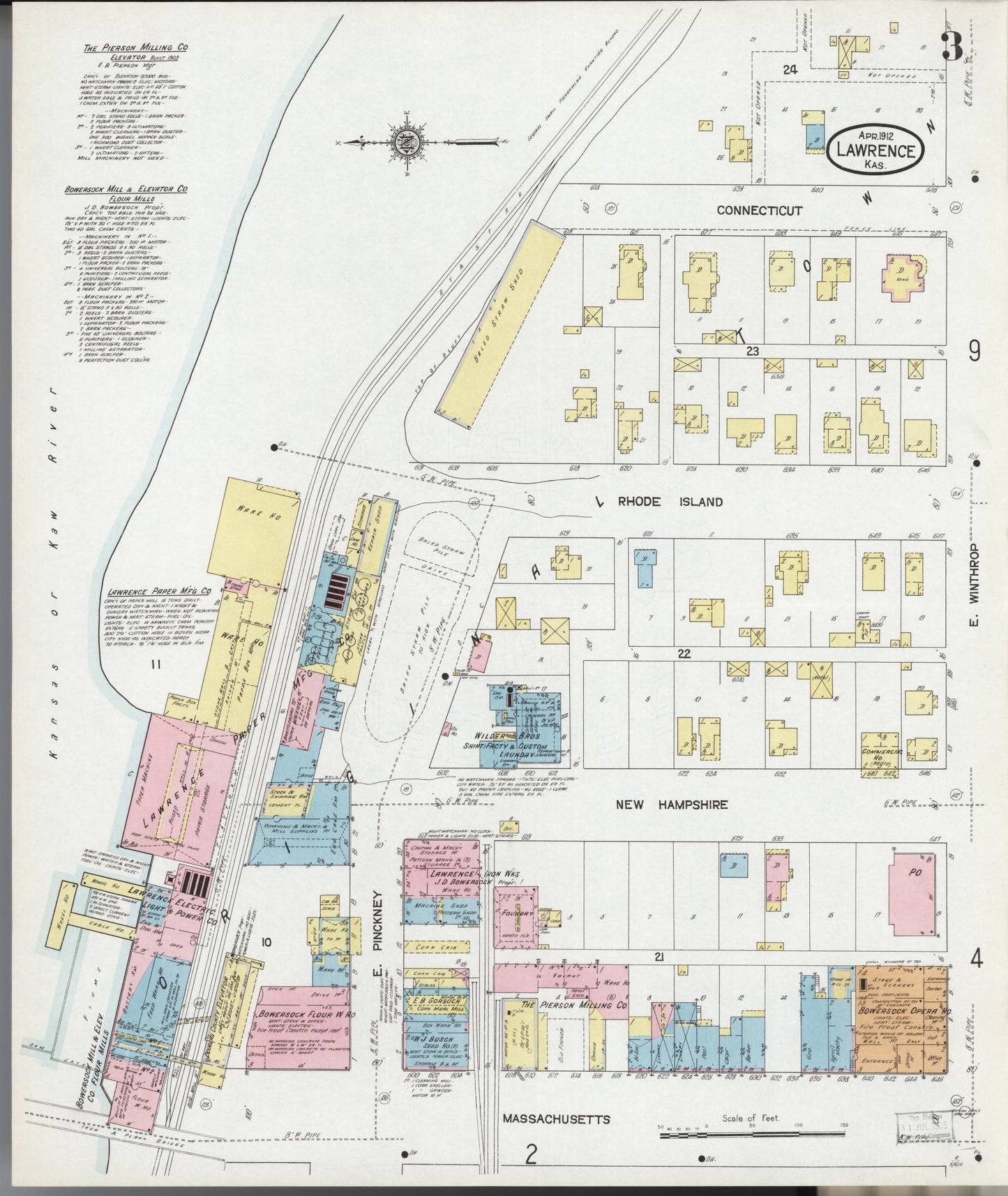Sanborn Fire Insurance Map from Lawrence, Douglas County, Kansas (1912), Sheet #0003 - Complete Map Set gallery image, historic Sanborn map, vintage wall art, Kansas Kansas