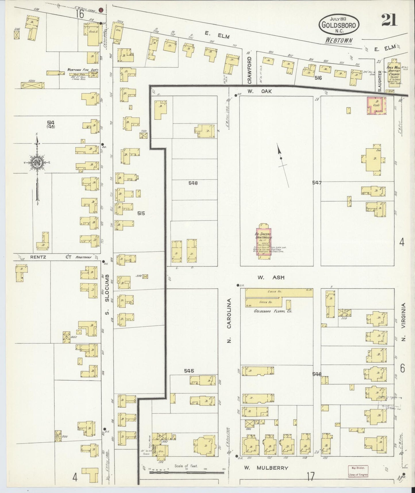 Sanborn Fire Insurance Map from Goldsboro, Wayne County, North Carolina (1913), Sheet #0021 - Complete Map Set gallery image, historic Sanborn map, vintage wall art, North Carolina North Carolina